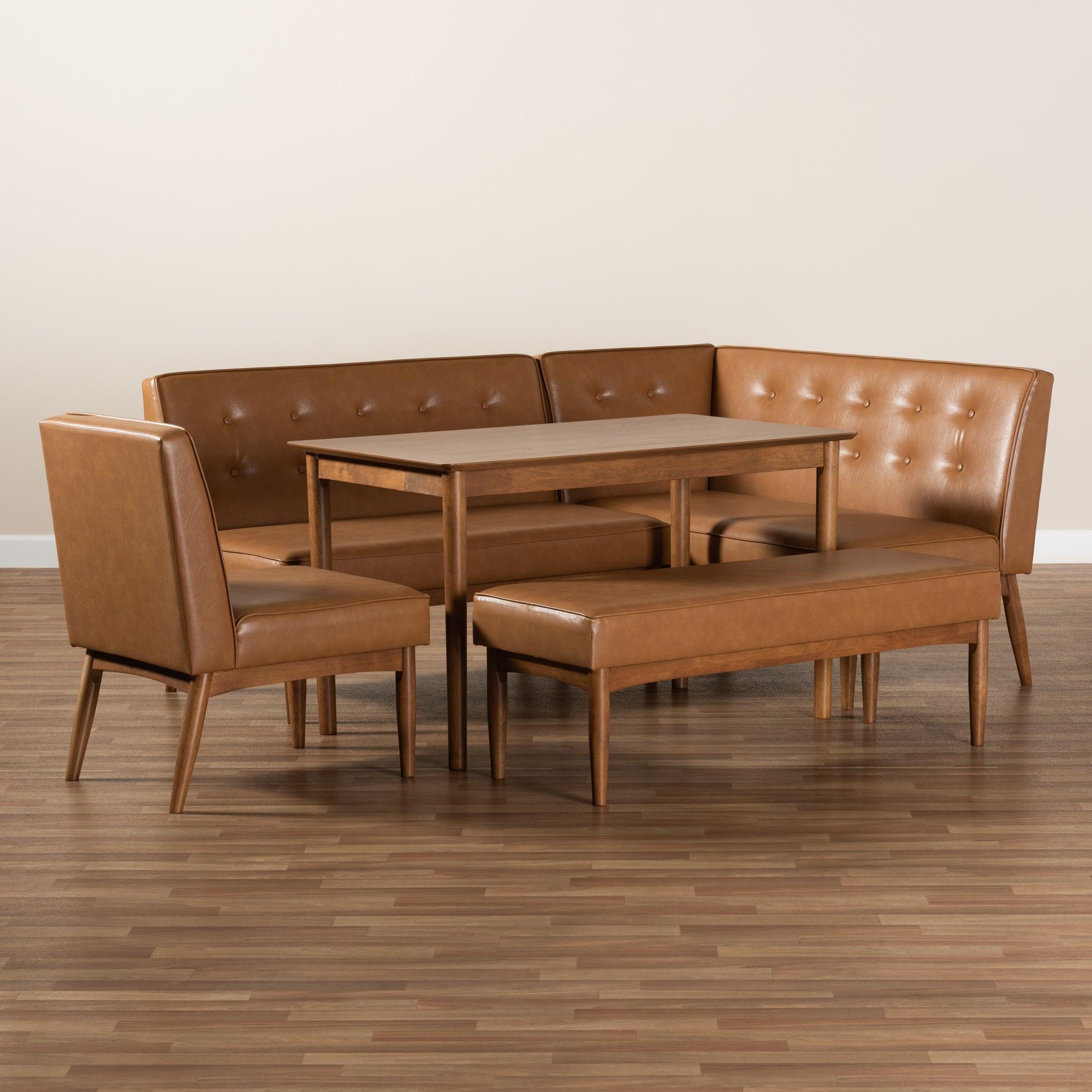 Arvid Mid-Century Modern Faux Leather Upholstered and Finished Wood 5-Piece Dining Nook Set