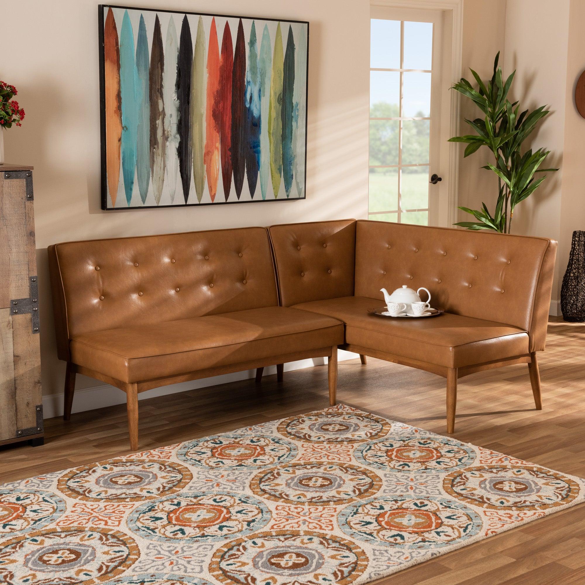 Arvid Mid-Century Modern Faux Leather Upholstered and Finished 2-Piece Wood Dining Nook Banquette Set