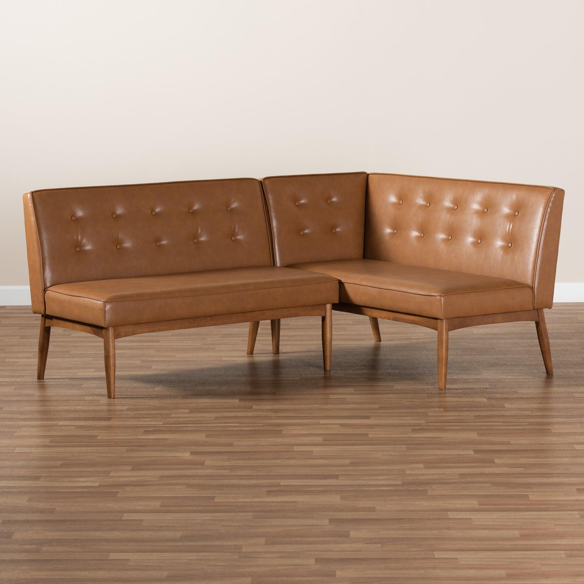 Arvid Mid-Century Modern Faux Leather Upholstered and Finished 2-Piece Wood Dining Nook Banquette Set