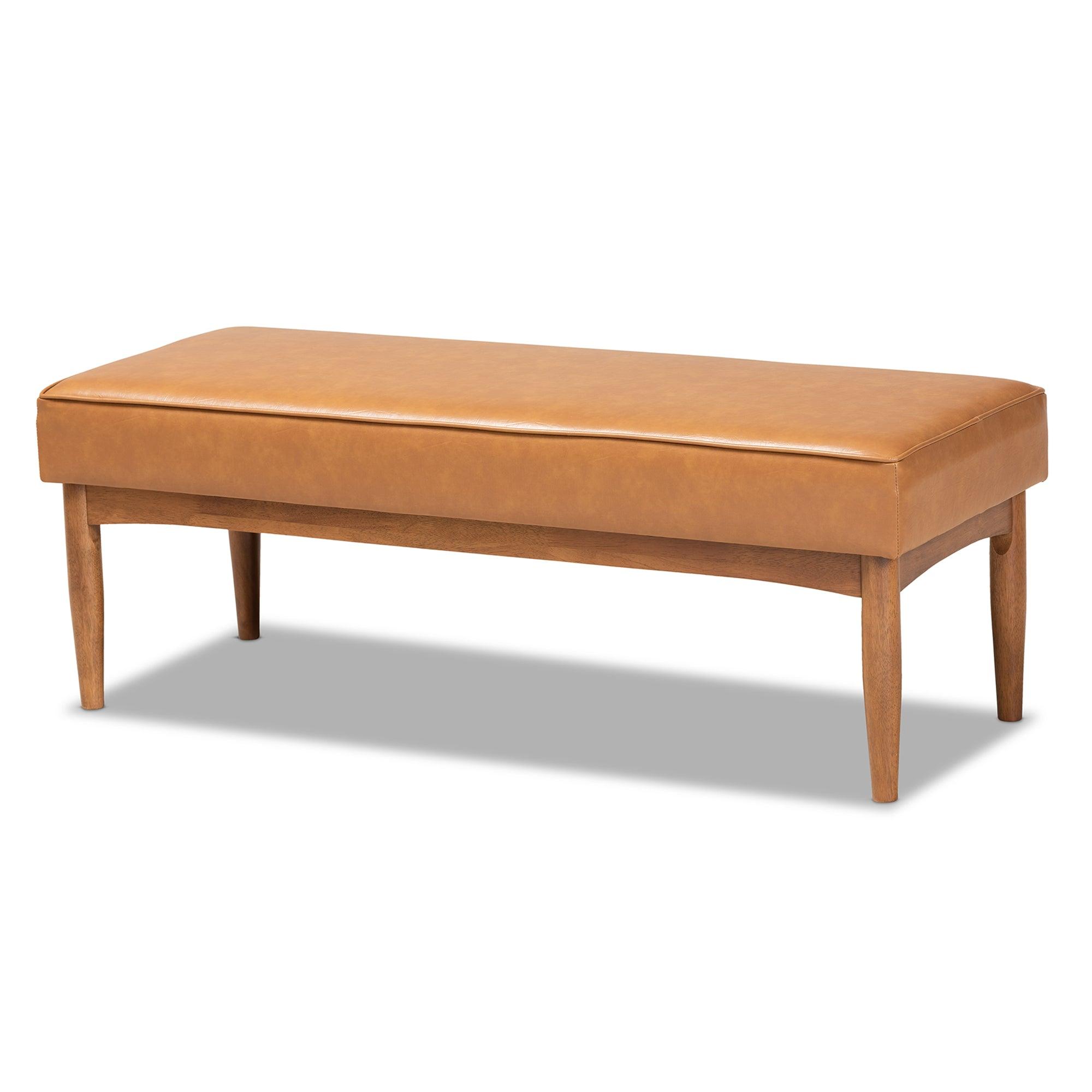 Arvid Mid-Century Modern Faux Leather Upholstered and Finished Wood Dining Bench