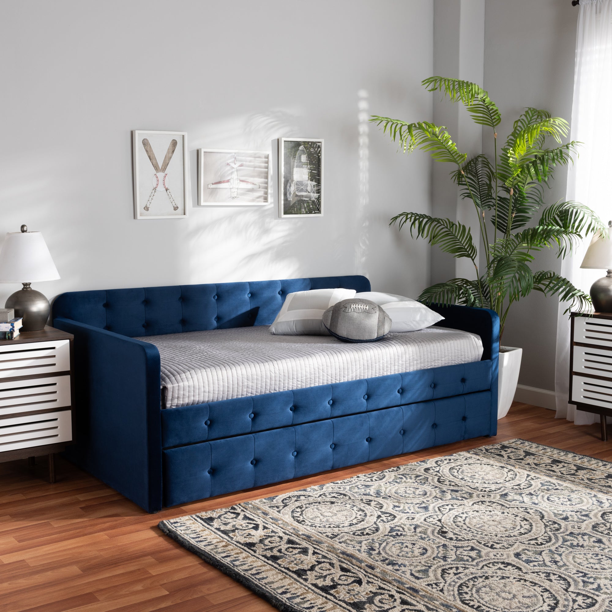 Jona Modern and Contemporary Transitional Velvet Fabric Upholstered and Button Tufted Daybed with Trundle
