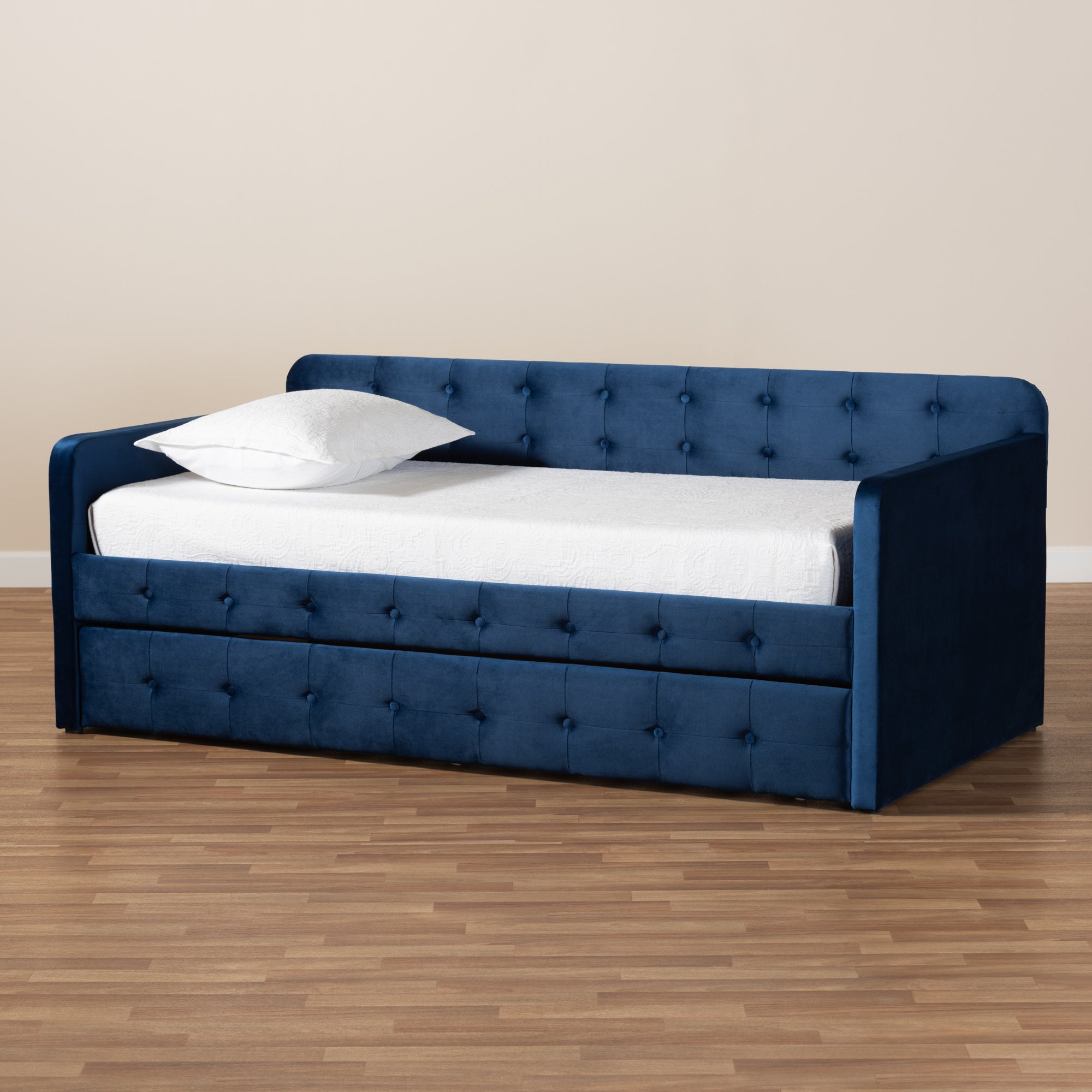 Jona Modern and Contemporary Transitional Velvet Fabric Upholstered and Button Tufted Daybed with Trundle