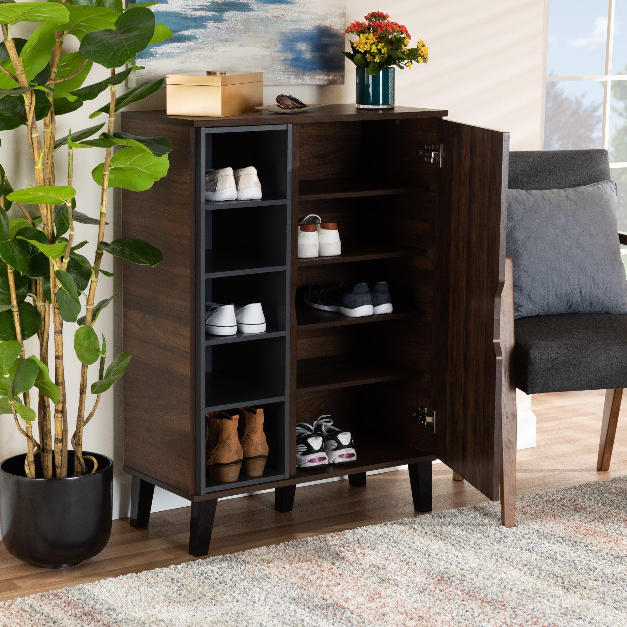 Idina Mid-Century Modern Two-Tone and Finished Wood 1-Door Shoe Cabinet