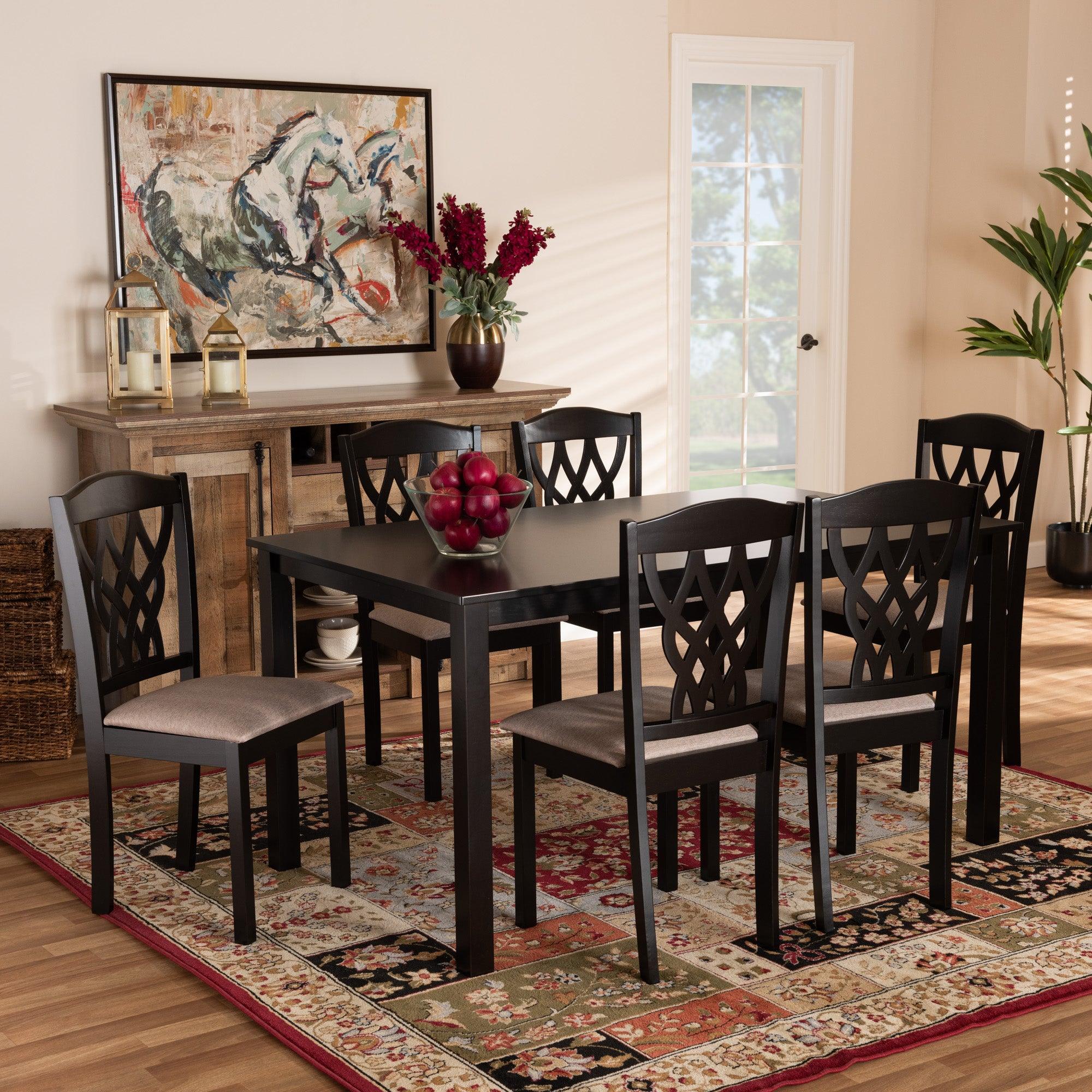 Salem Modern and Contemporary Sand Fabric Upholstered and Finished Wood 7-Piece Dining Set