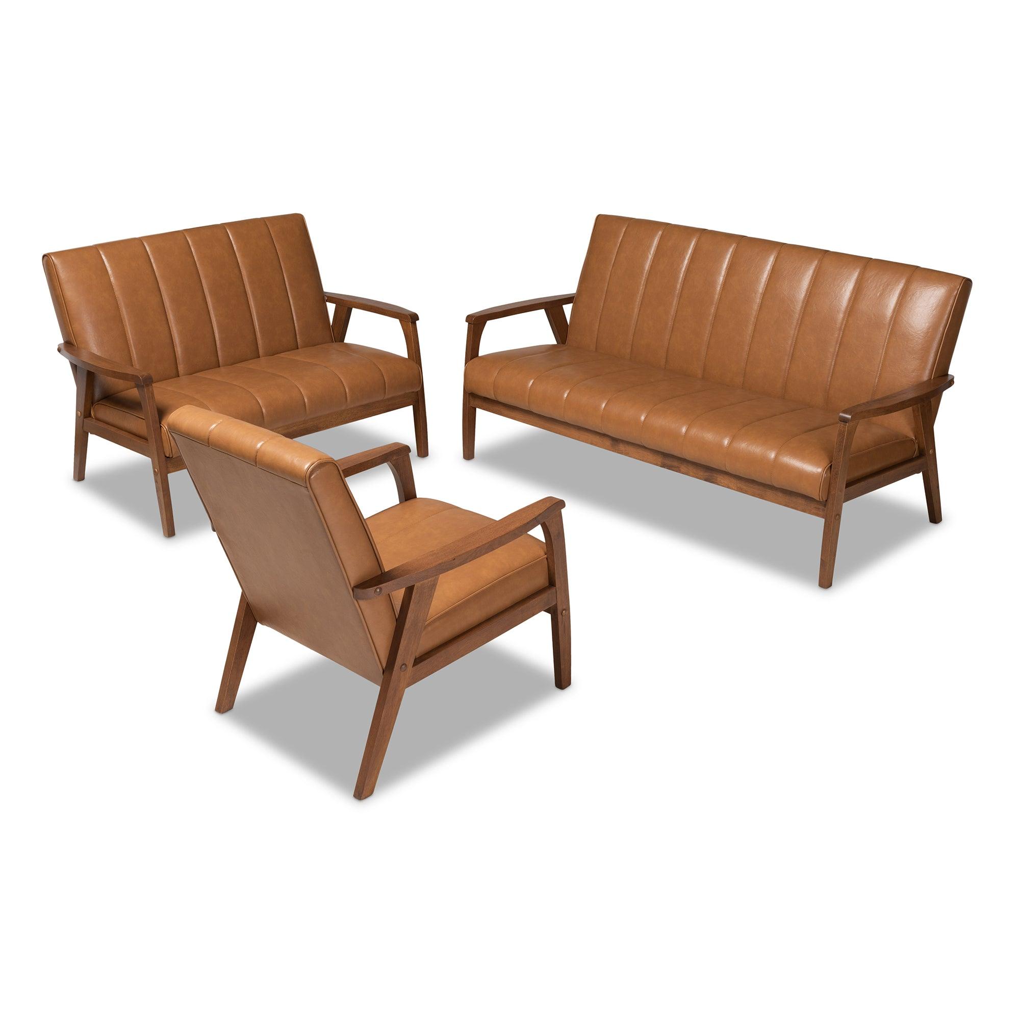 Nikko Mid-century Modern Faux Leather Upholstered and finished Wood 3-Piece Living Room Set