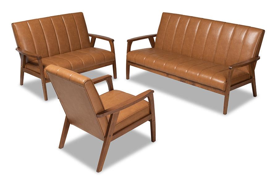 Nikko Mid-century Modern Faux Leather Upholstered and finished Wood 3-Piece Living Room Set