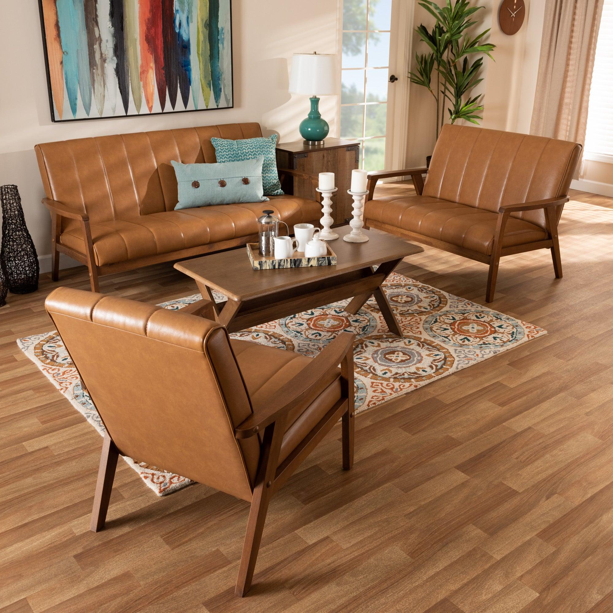 Nikko Mid-century Modern Faux Leather Upholstered and finished Wood 3-Piece Living Room Set