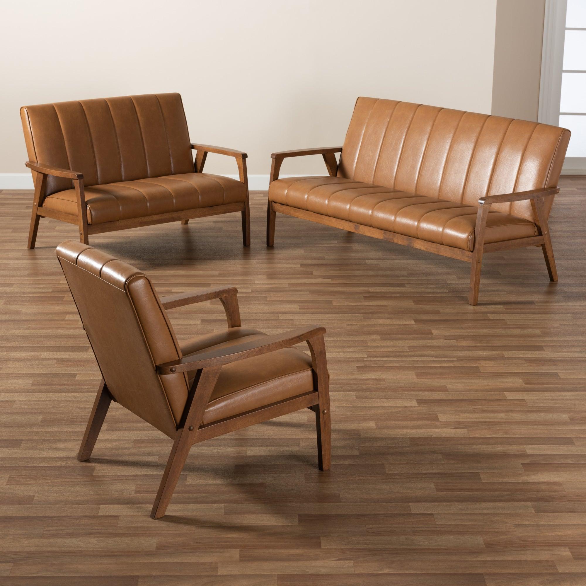Nikko Mid-century Modern Faux Leather Upholstered and finished Wood 3-Piece Living Room Set