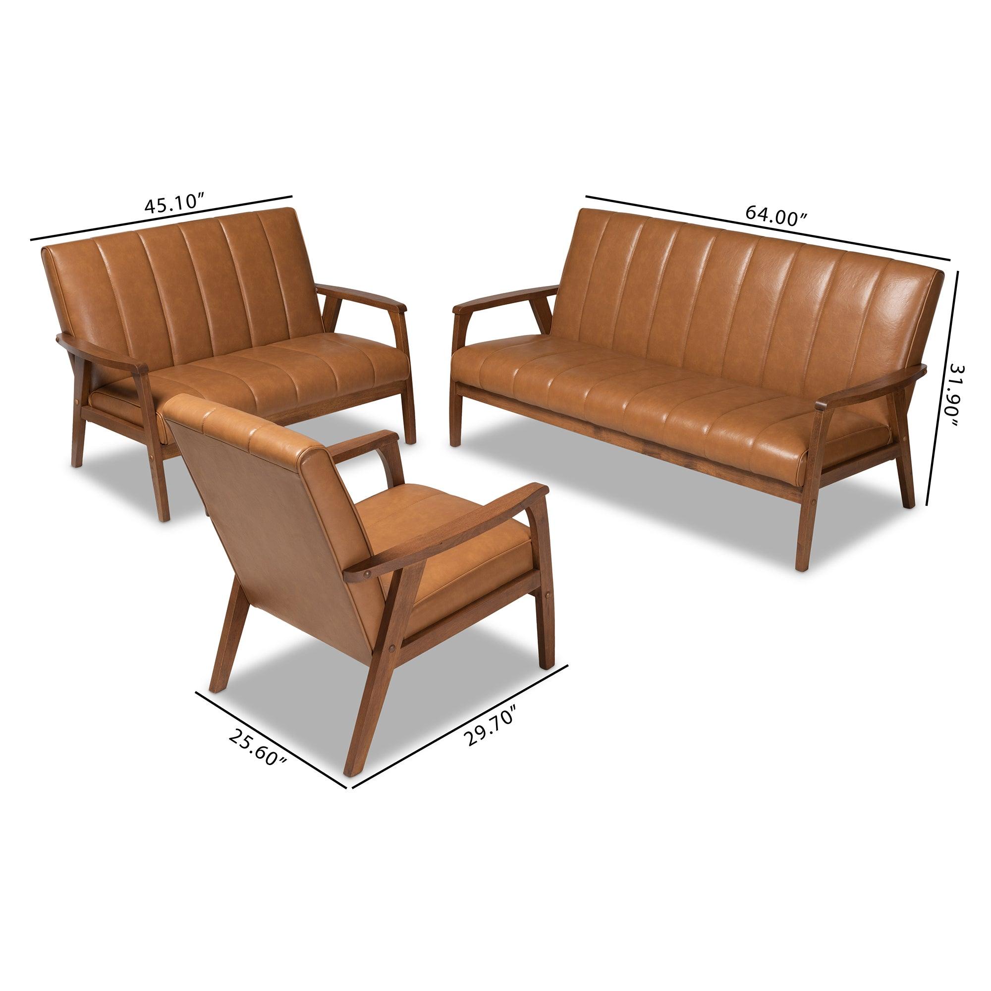 Nikko Mid-century Modern Faux Leather Upholstered and finished Wood 3-Piece Living Room Set
