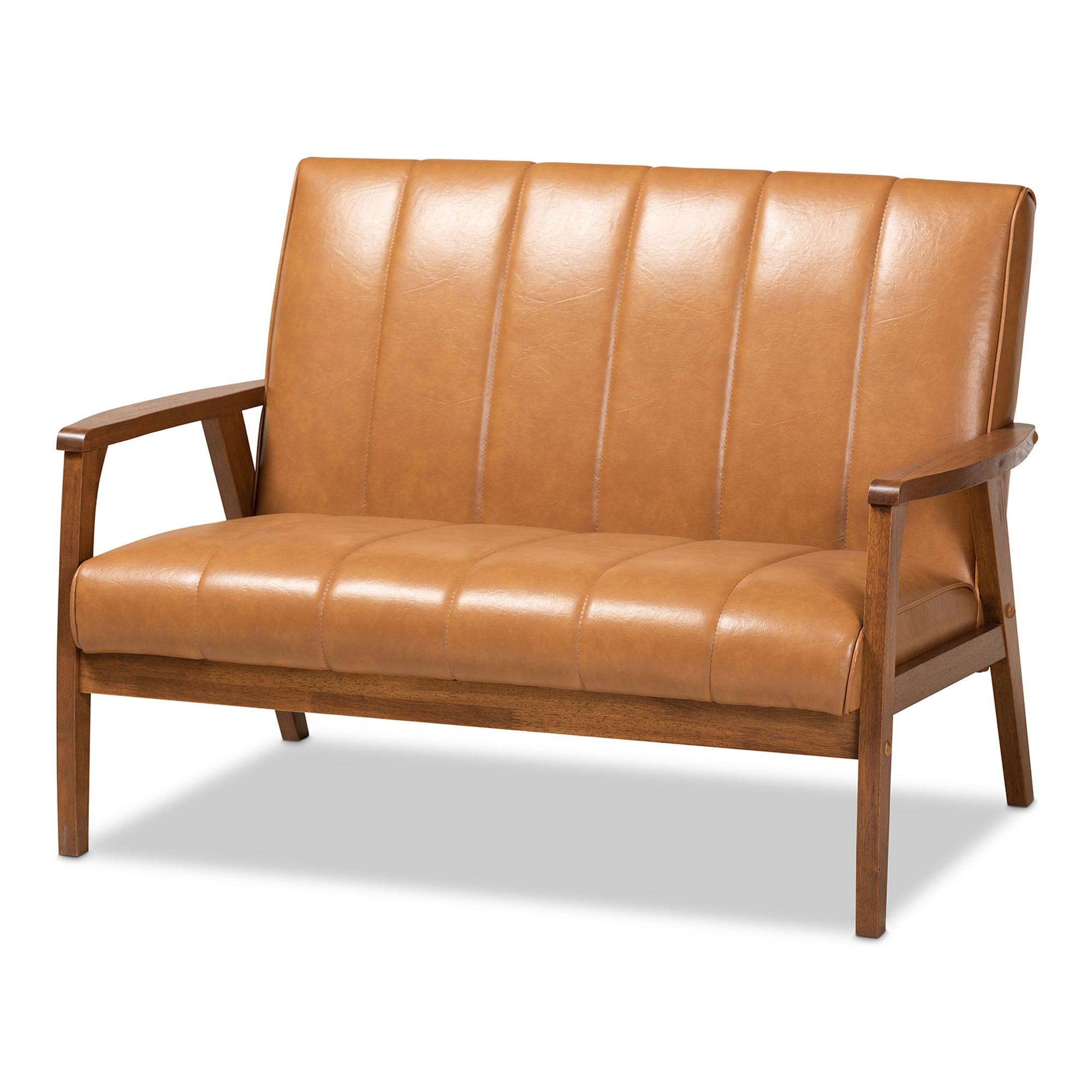 Nikko Mid-century Modern Faux Leather Upholstered and finished Wood Loveseat