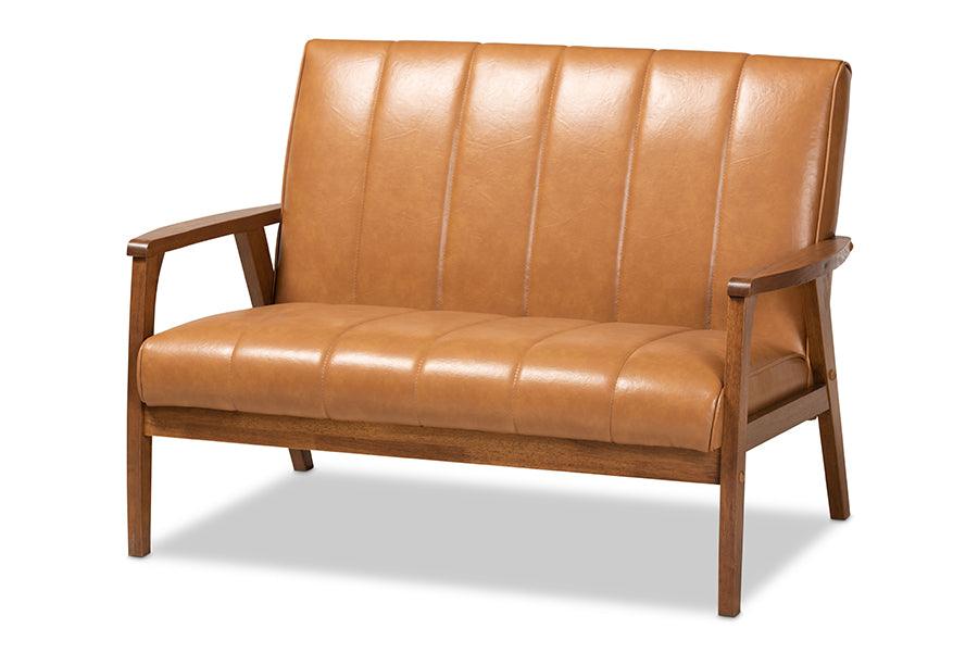 Nikko Mid-century Modern Faux Leather Upholstered and finished Wood Loveseat