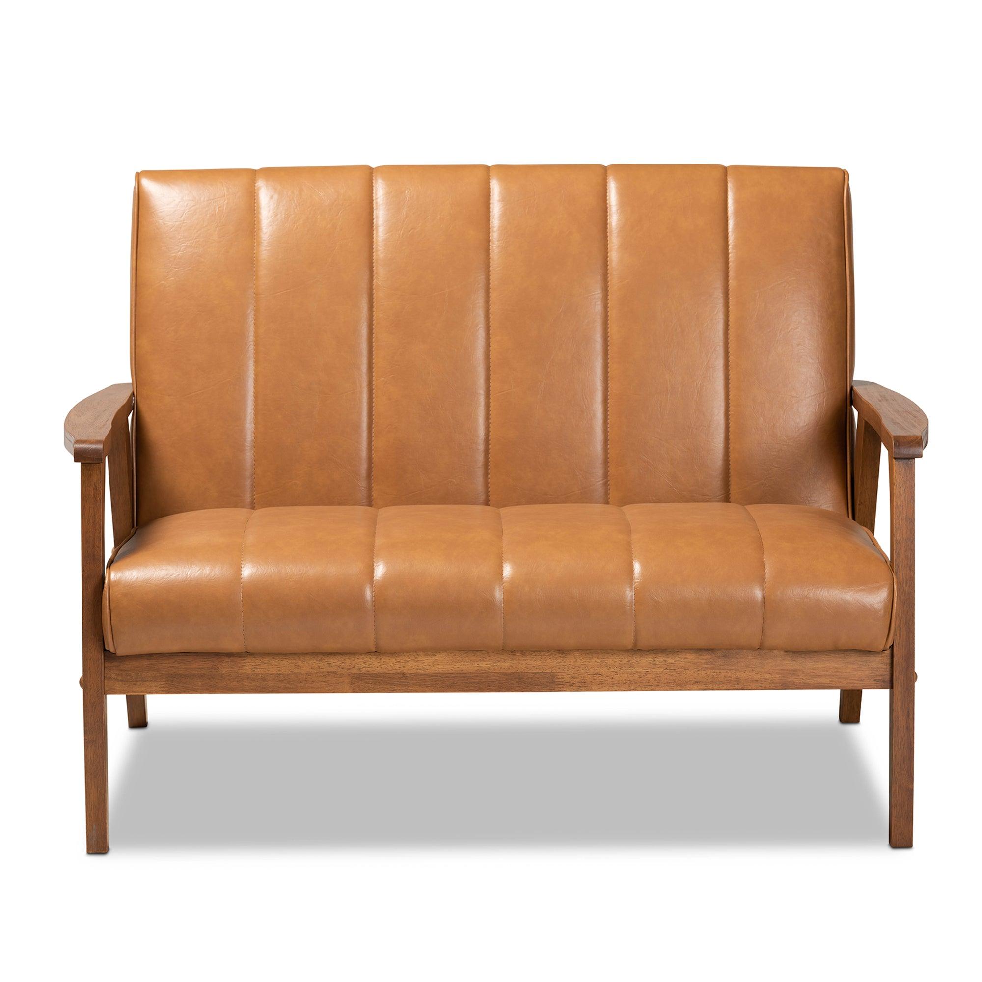 Nikko Mid-century Modern Faux Leather Upholstered and finished Wood Loveseat