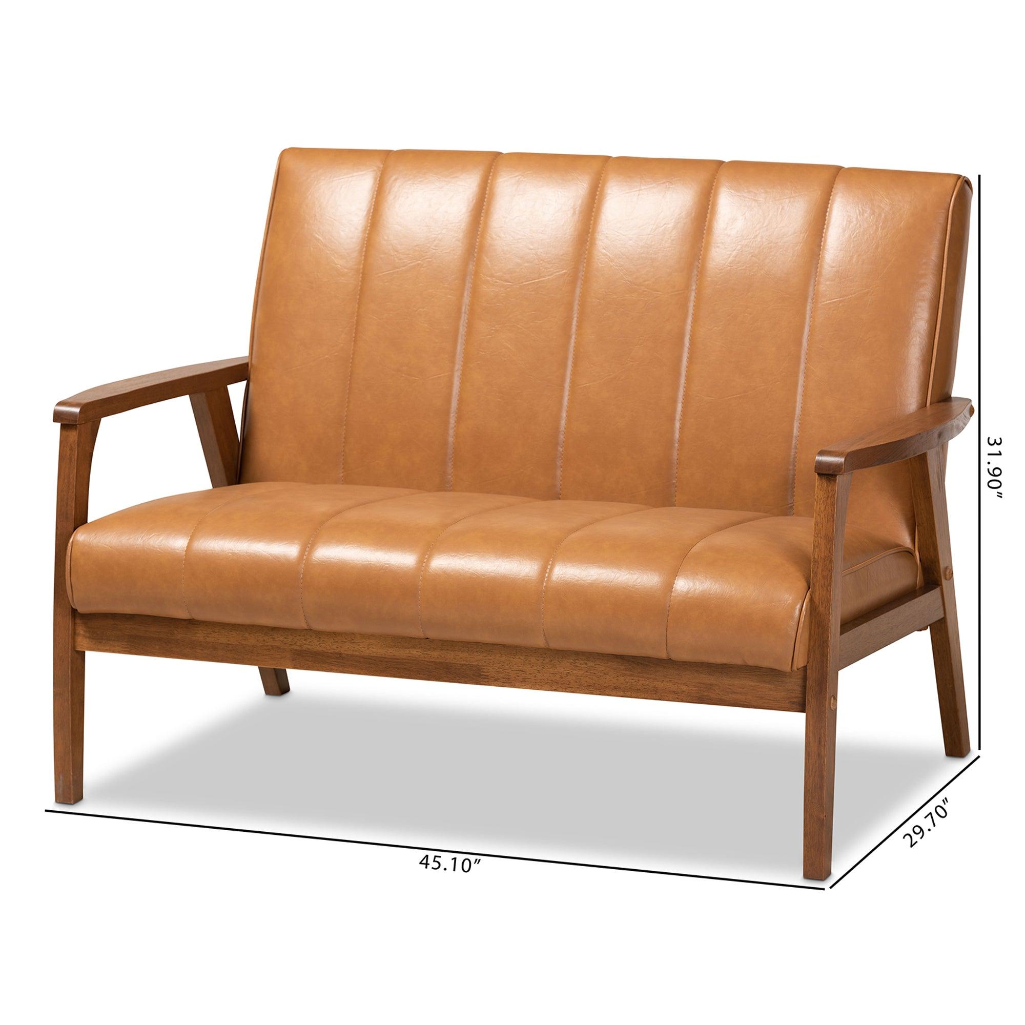 Nikko Mid-century Modern Faux Leather Upholstered and finished Wood Loveseat