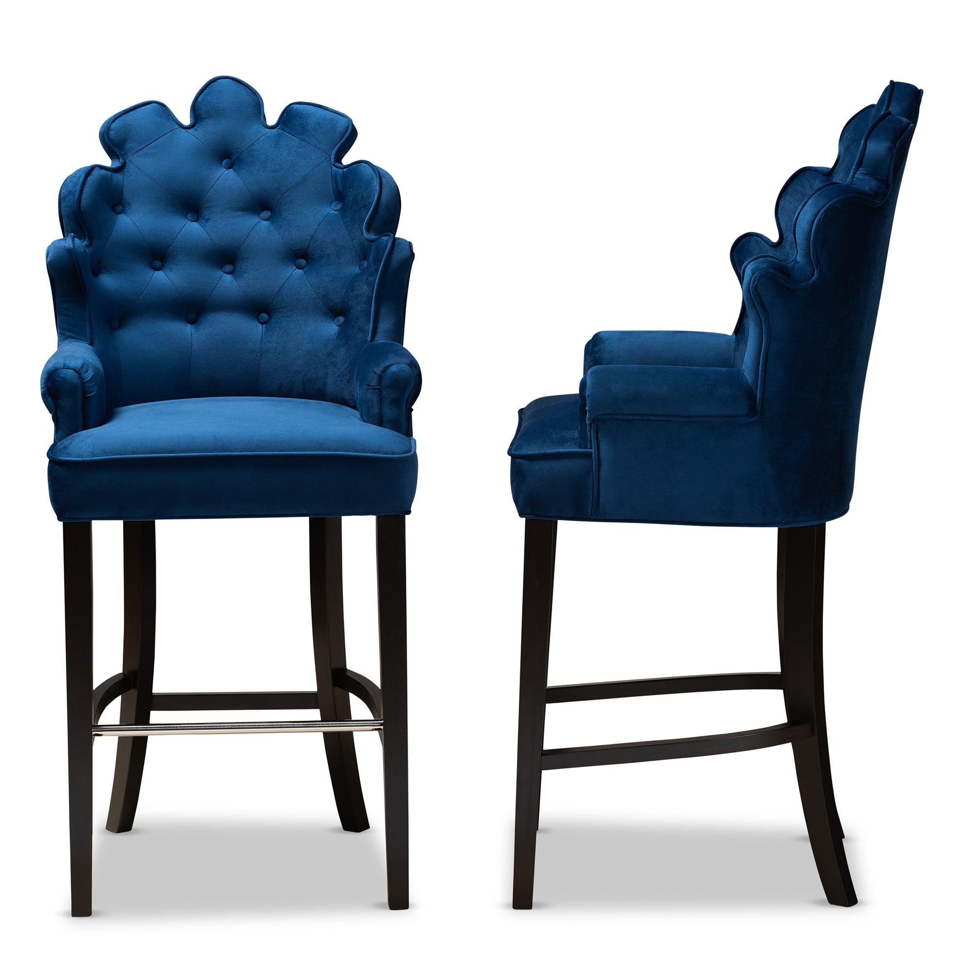 Chloe Modern and Contemporary Velvet Upholstered and Finished Wood 2-Piece Bar Stool Set