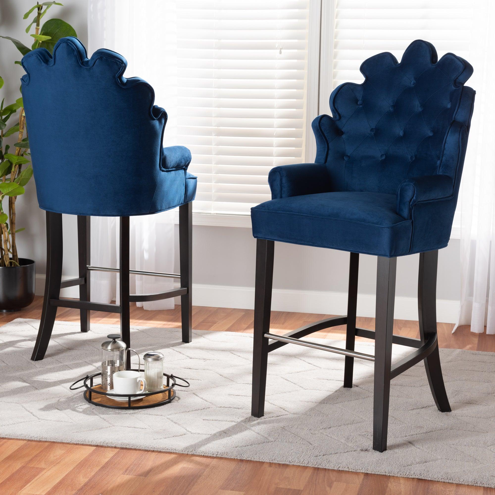 Chloe Modern and Contemporary Velvet Upholstered and Finished Wood 2-Piece Bar Stool Set