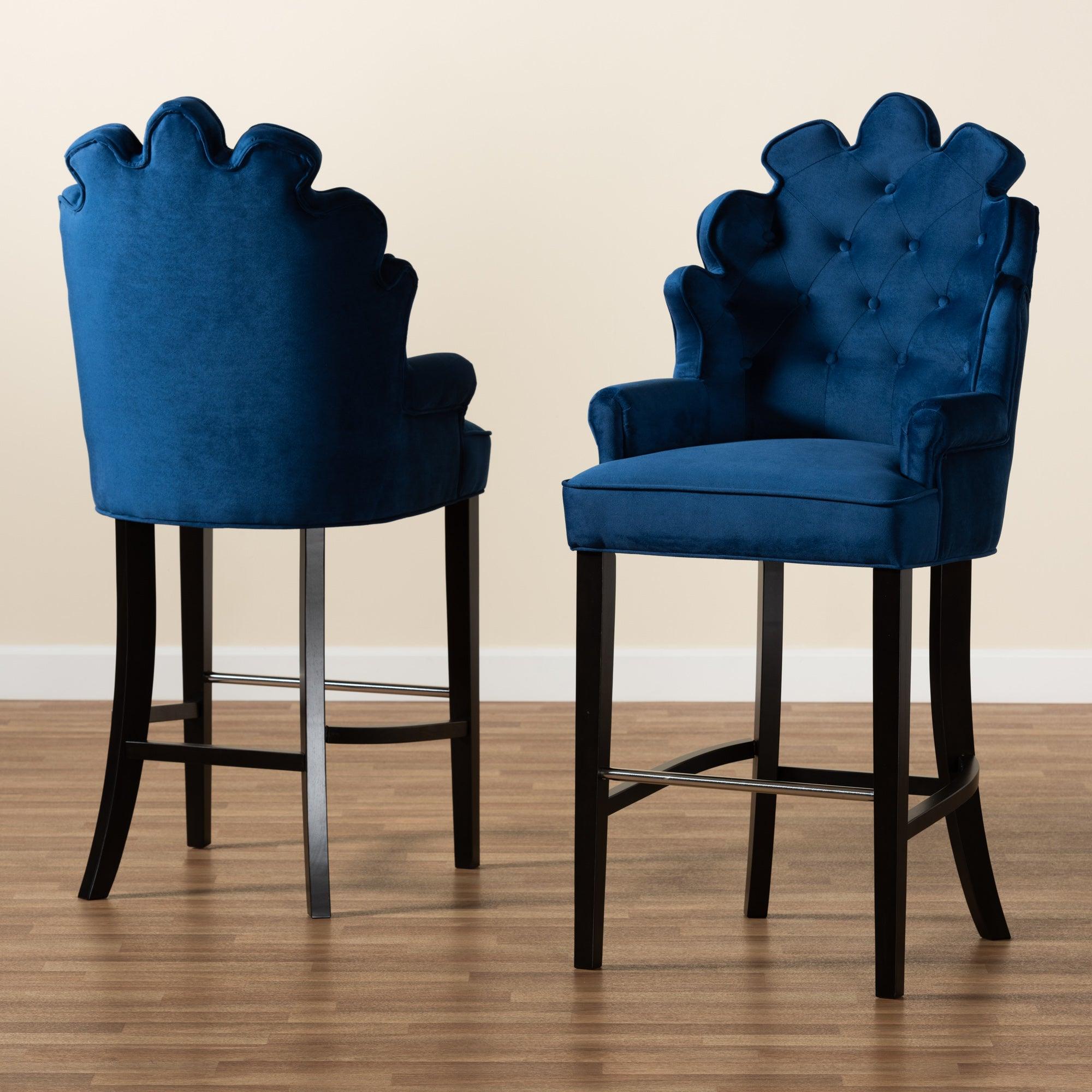 Chloe Modern and Contemporary Velvet Upholstered and Finished Wood 2-Piece Bar Stool Set