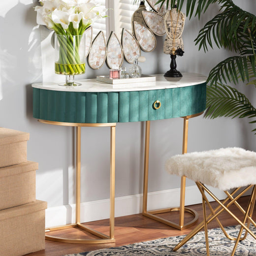 Beale Luxe and Glam Velvet Upholstered and Brushed Finished 1-Drawer Console Table