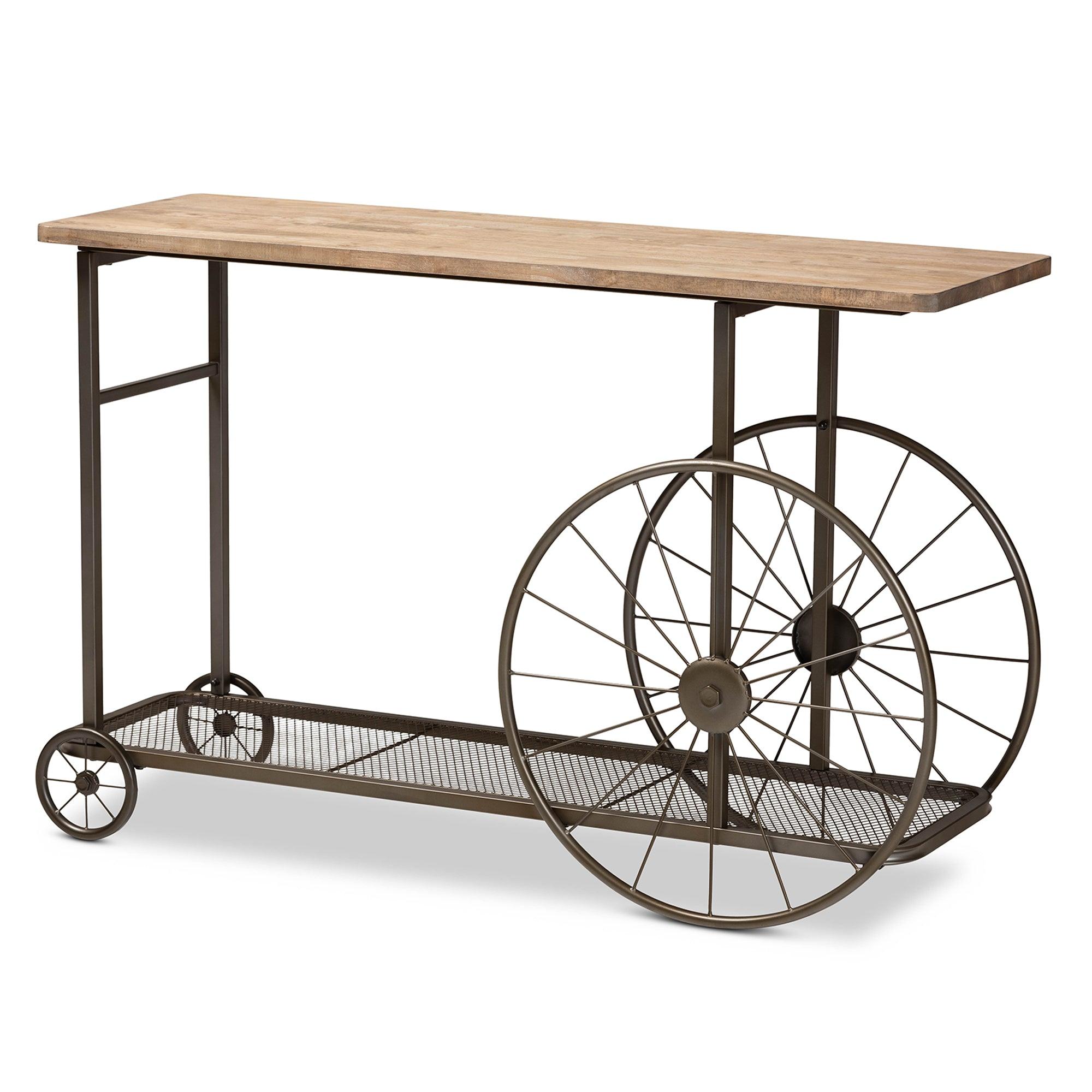 Terence Vintage Rustic Industrial Finished Wood and Finished Metal Wheeled Console Table
