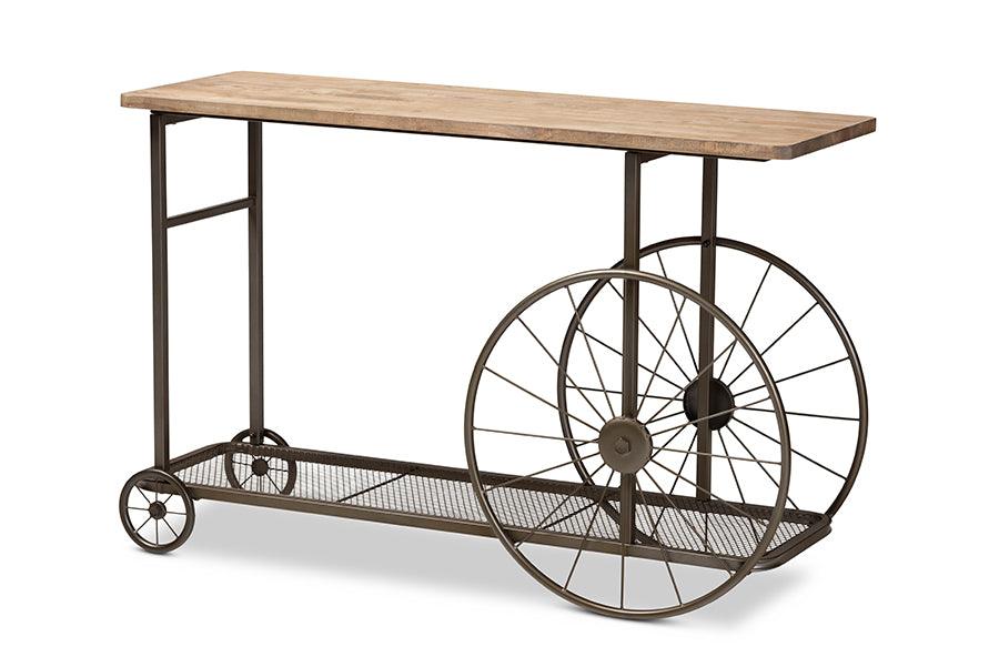 Terence Vintage Rustic Industrial Finished Wood and Finished Metal Wheeled Console Table