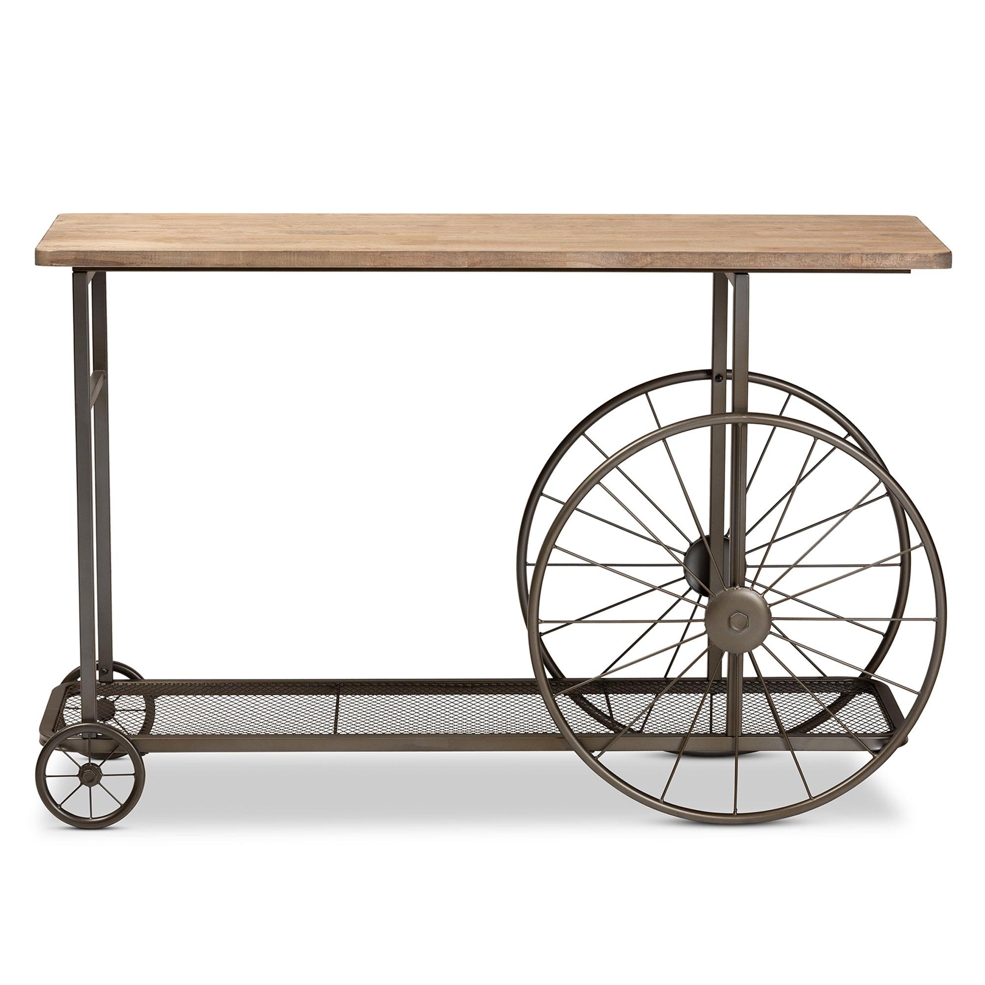 Terence Vintage Rustic Industrial Finished Wood and Finished Metal Wheeled Console Table