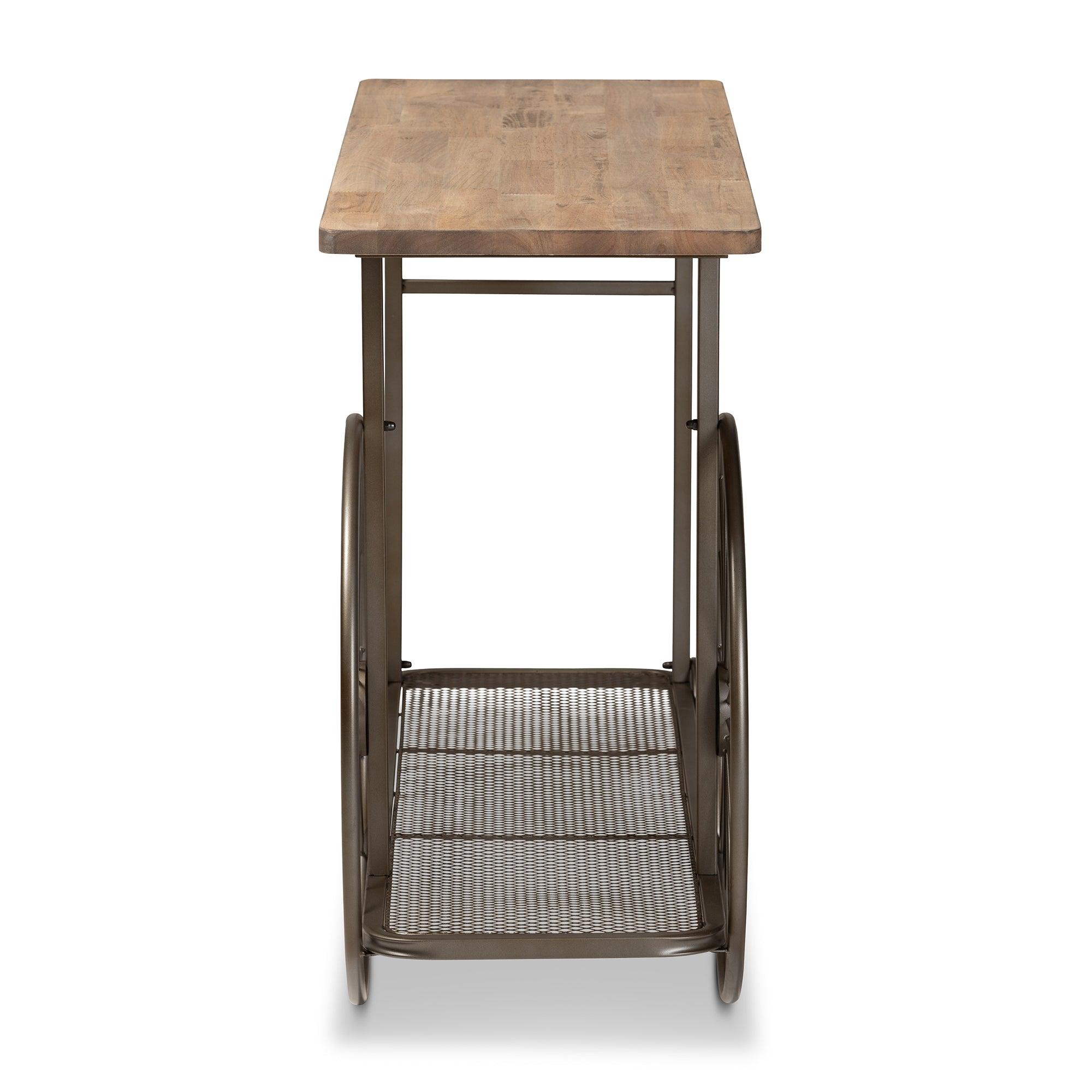 Terence Vintage Rustic Industrial Finished Wood and Finished Metal Wheeled Console Table