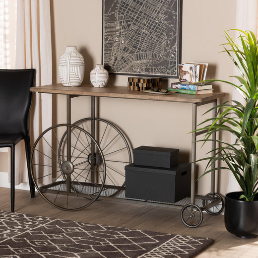 Terence Vintage Rustic Industrial Finished Wood and Finished Metal Wheeled Console Table