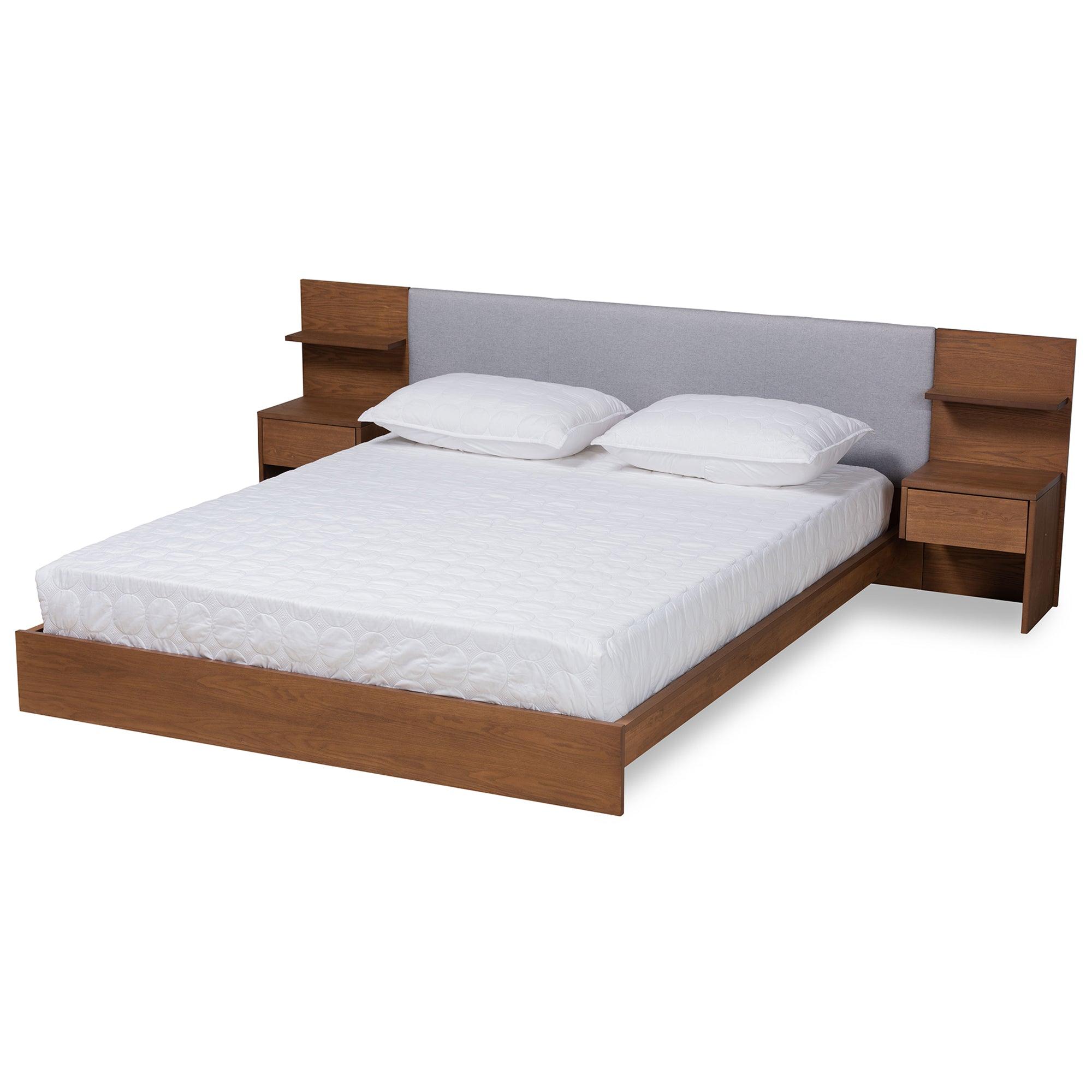 Sami Modern and Contemporary Light Fabric Upholstered and Finished Wood Platform Storage Bed with Built-In Nightstands