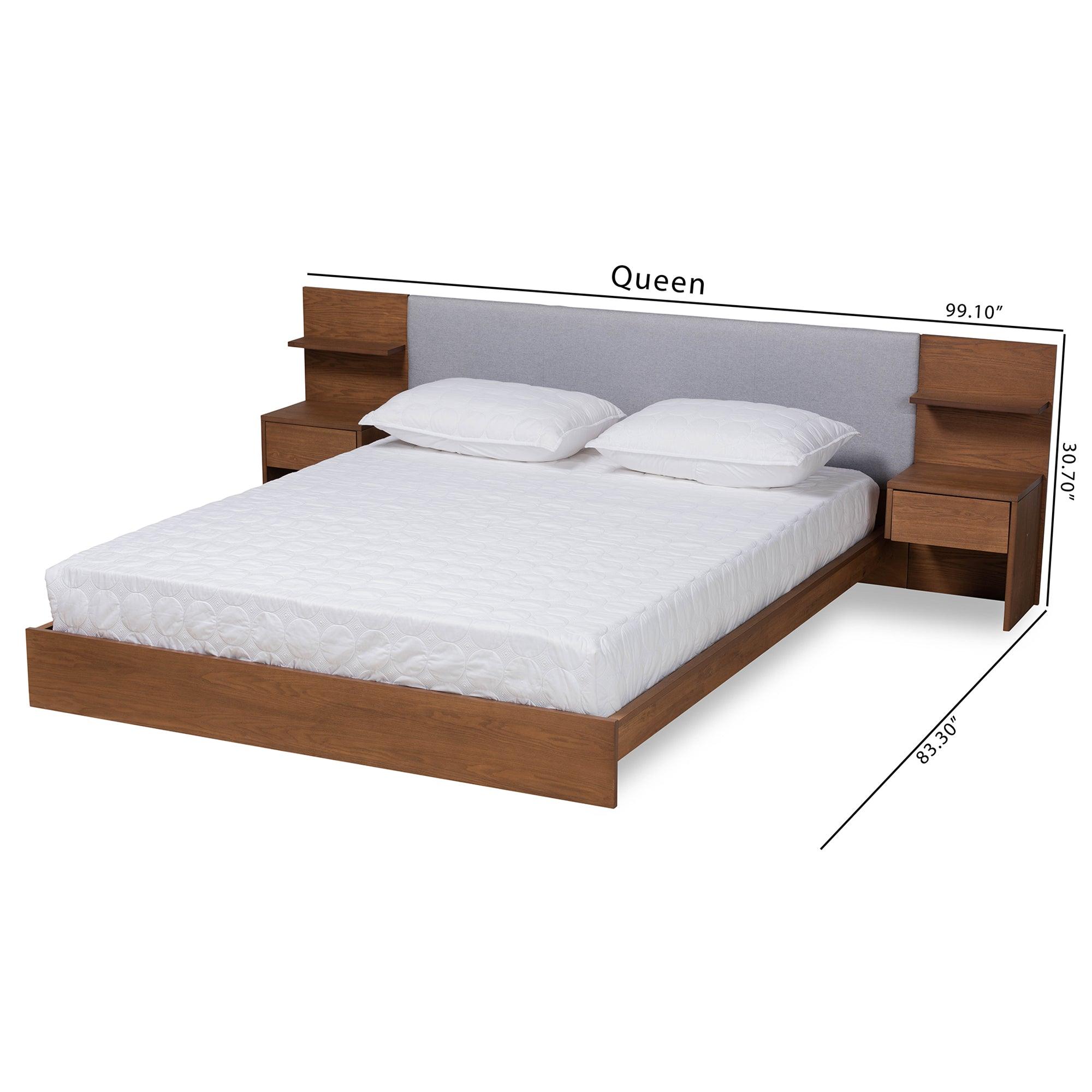 Sami Modern and Contemporary Light Fabric Upholstered and Finished Wood Platform Storage Bed with Built-In Nightstands