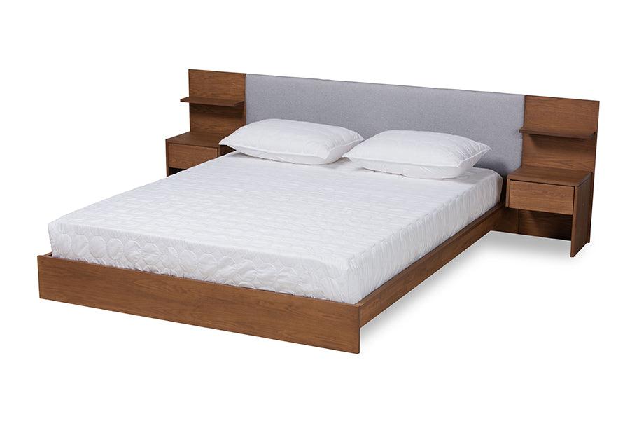 Sami Modern and Contemporary Light Fabric Upholstered and Finished Wood Platform Storage Bed with Built-In Nightstands