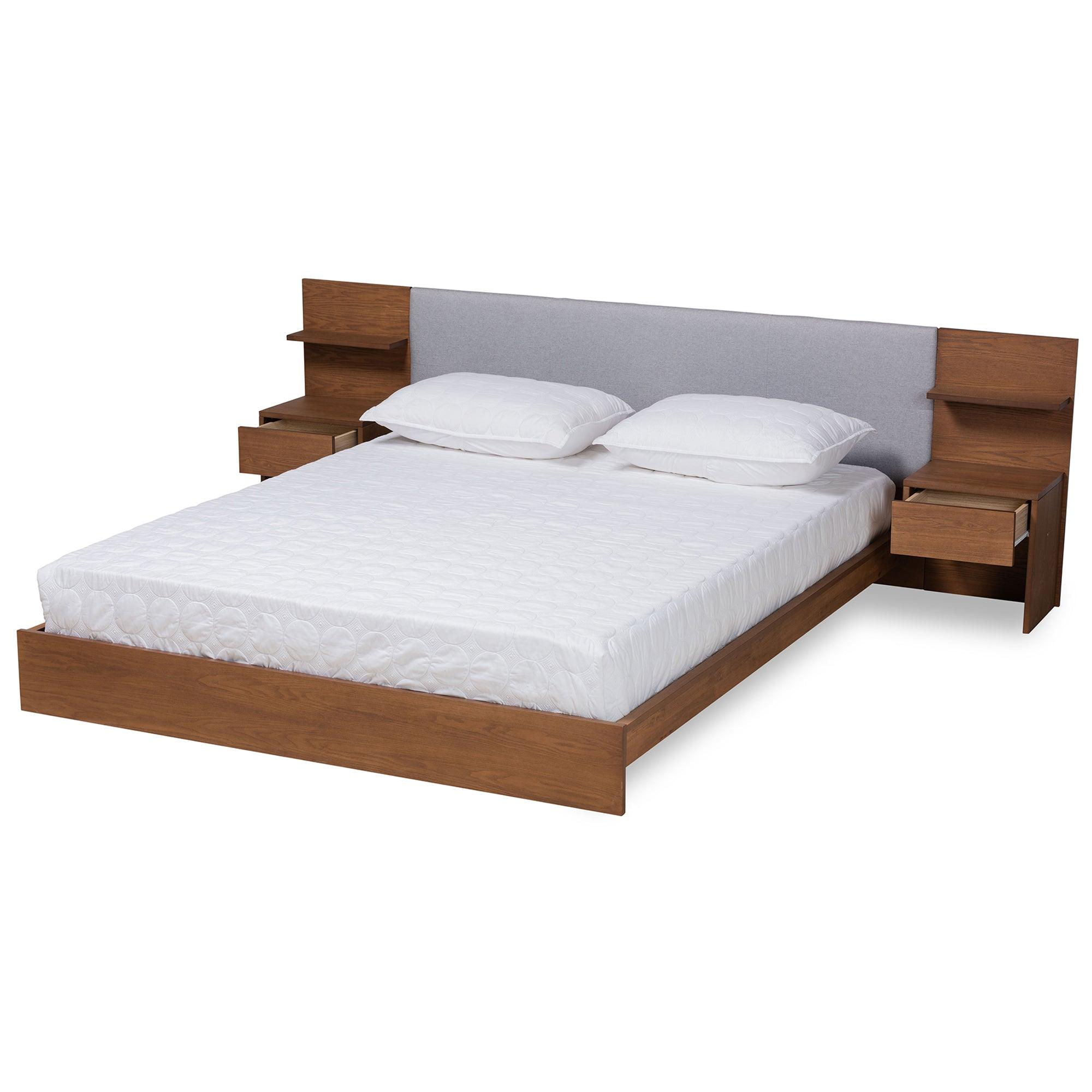 Sami Modern and Contemporary Light Fabric Upholstered and Finished Wood Platform Storage Bed with Built-In Nightstands