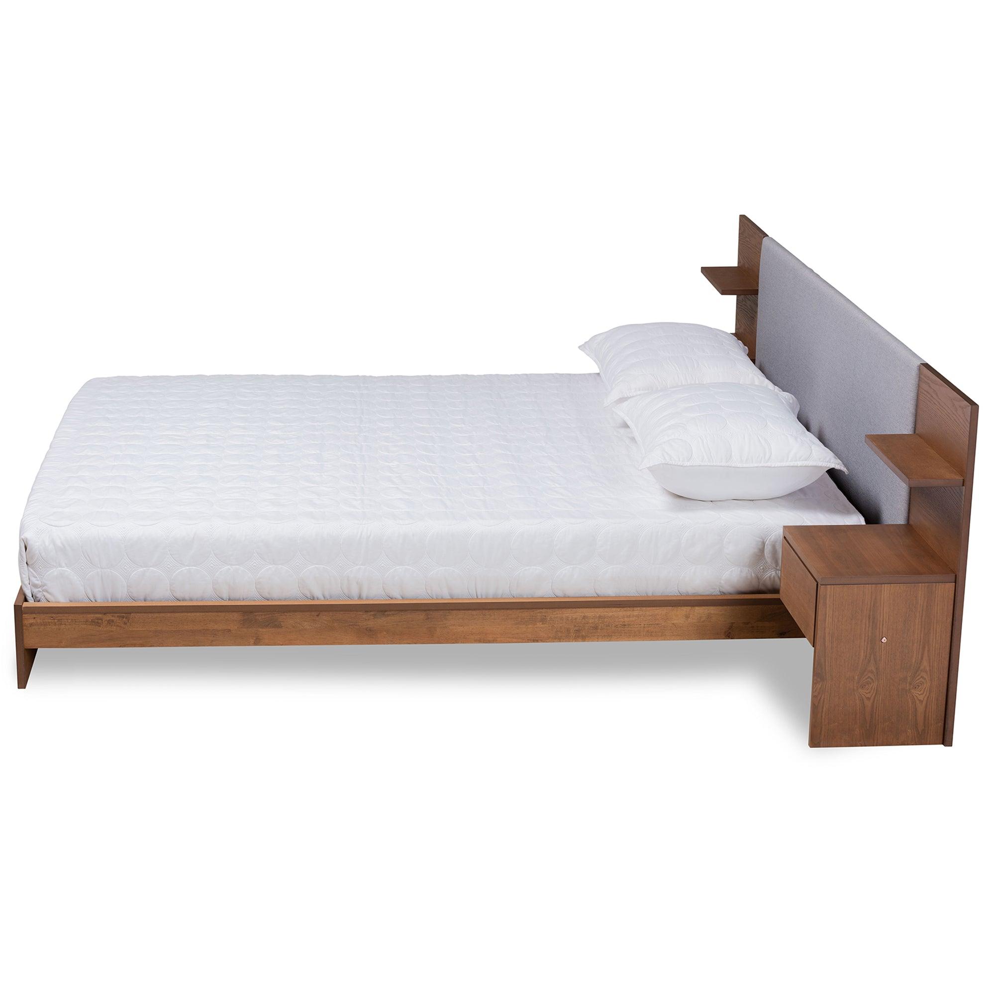 Sami Modern and Contemporary Light Fabric Upholstered and Finished Wood Platform Storage Bed with Built-In Nightstands