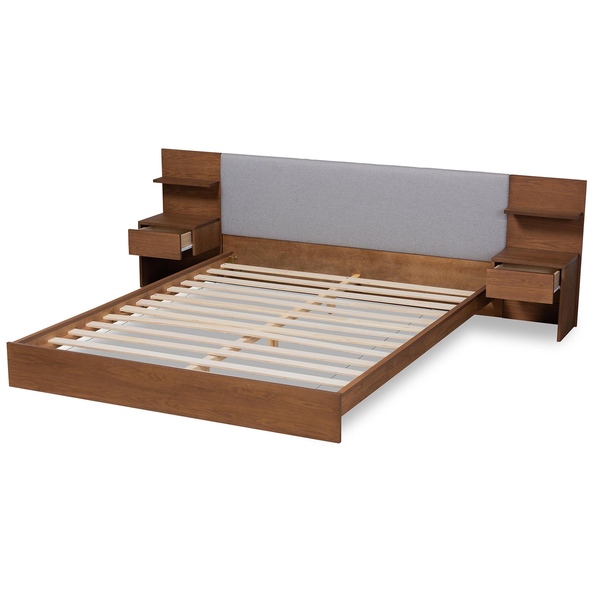 Sami Modern and Contemporary Light Fabric Upholstered and Finished Wood Platform Storage Bed with Built-In Nightstands