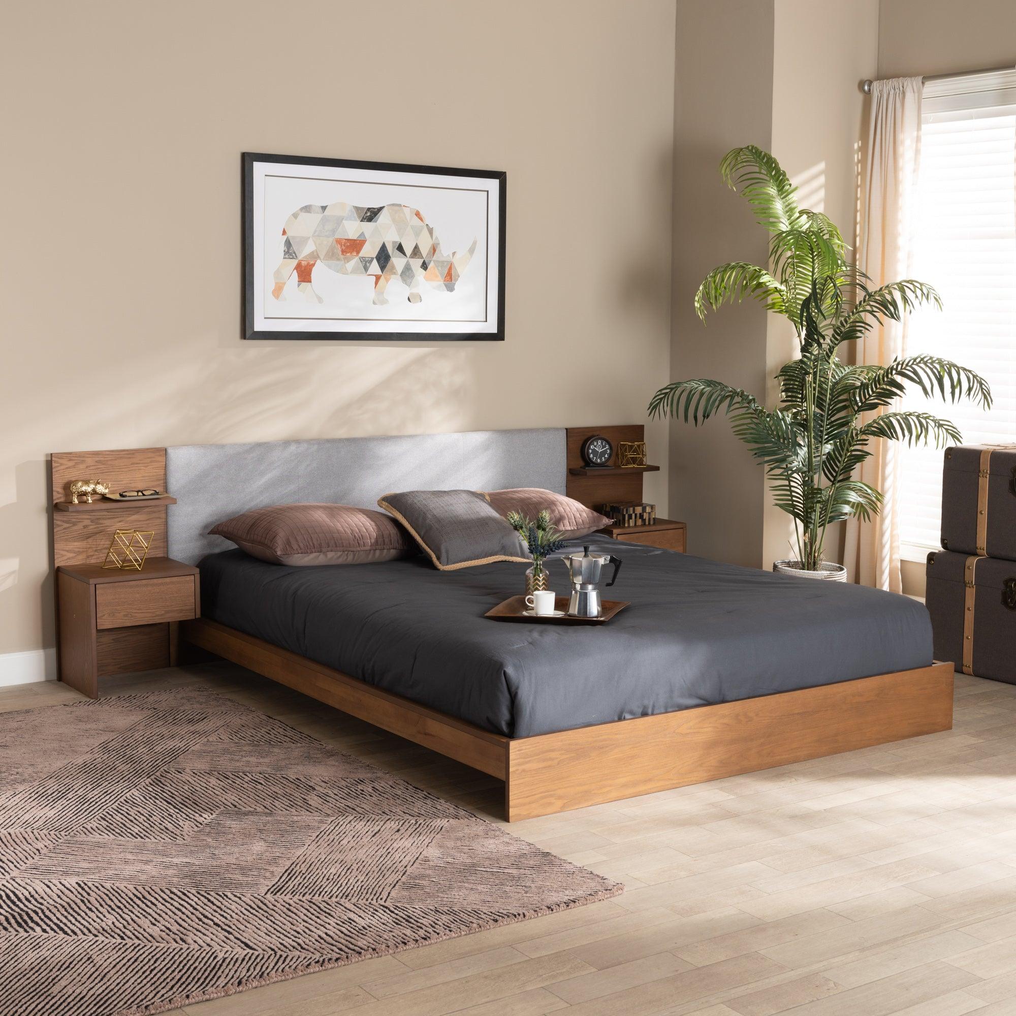 Sami Modern and Contemporary Light Fabric Upholstered and Finished Wood Platform Storage Bed with Built-In Nightstands