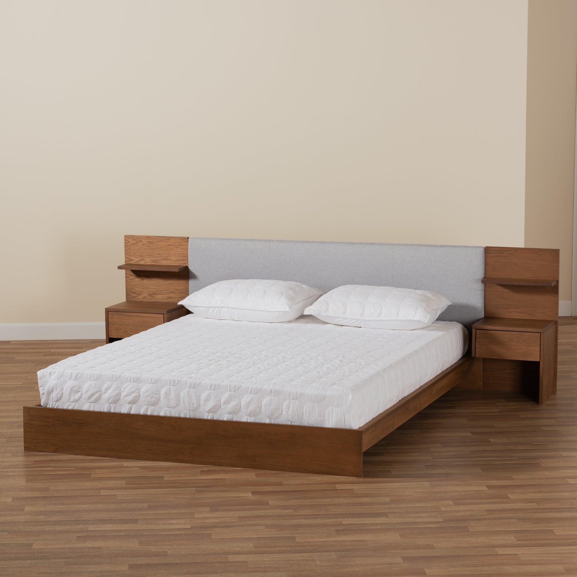 Sami Modern and Contemporary Light Fabric Upholstered and Finished Wood Platform Storage Bed with Built-In Nightstands