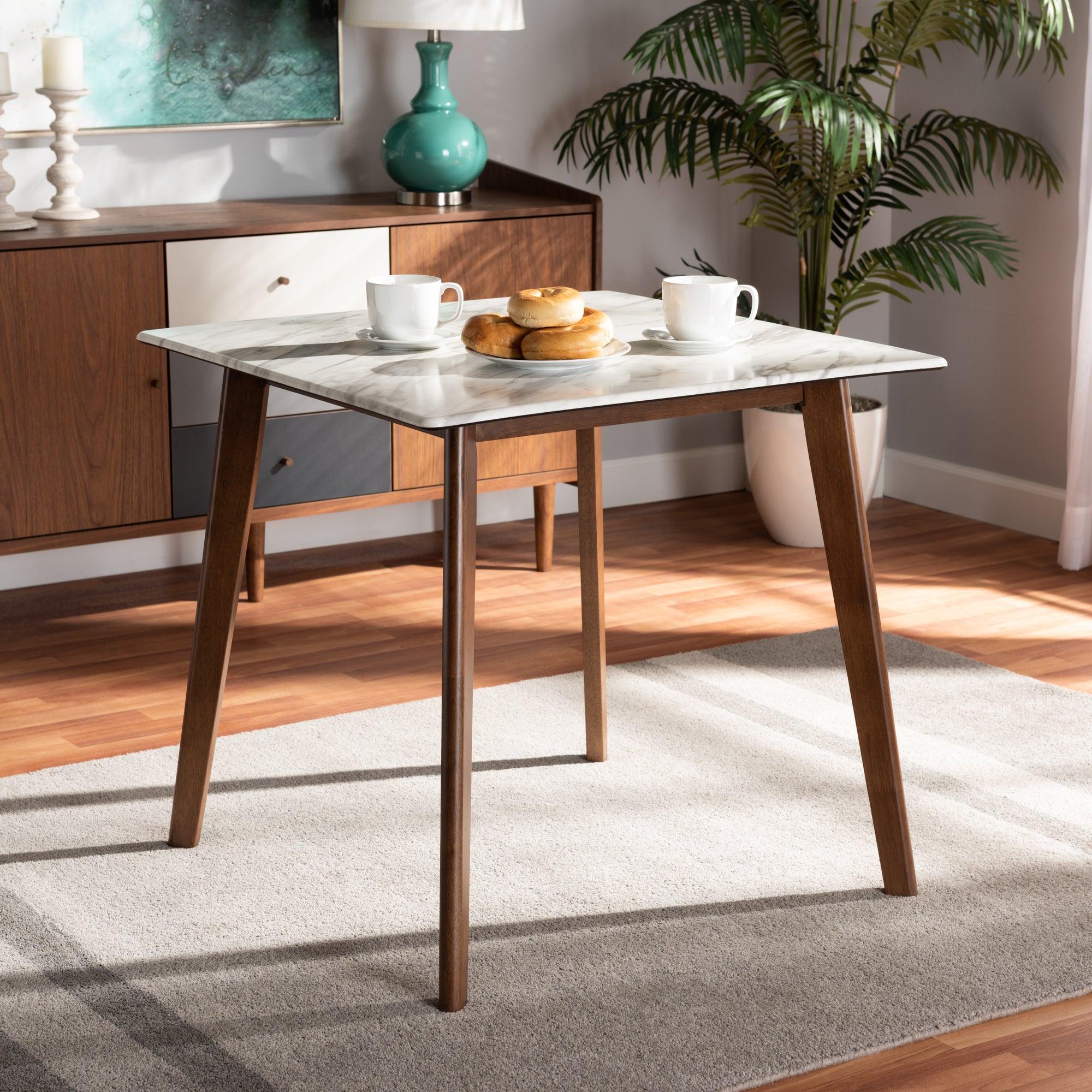 Kaylee Mid-Century Modern Transitional Finished Wood Dining Table with Faux Marble Tabletop