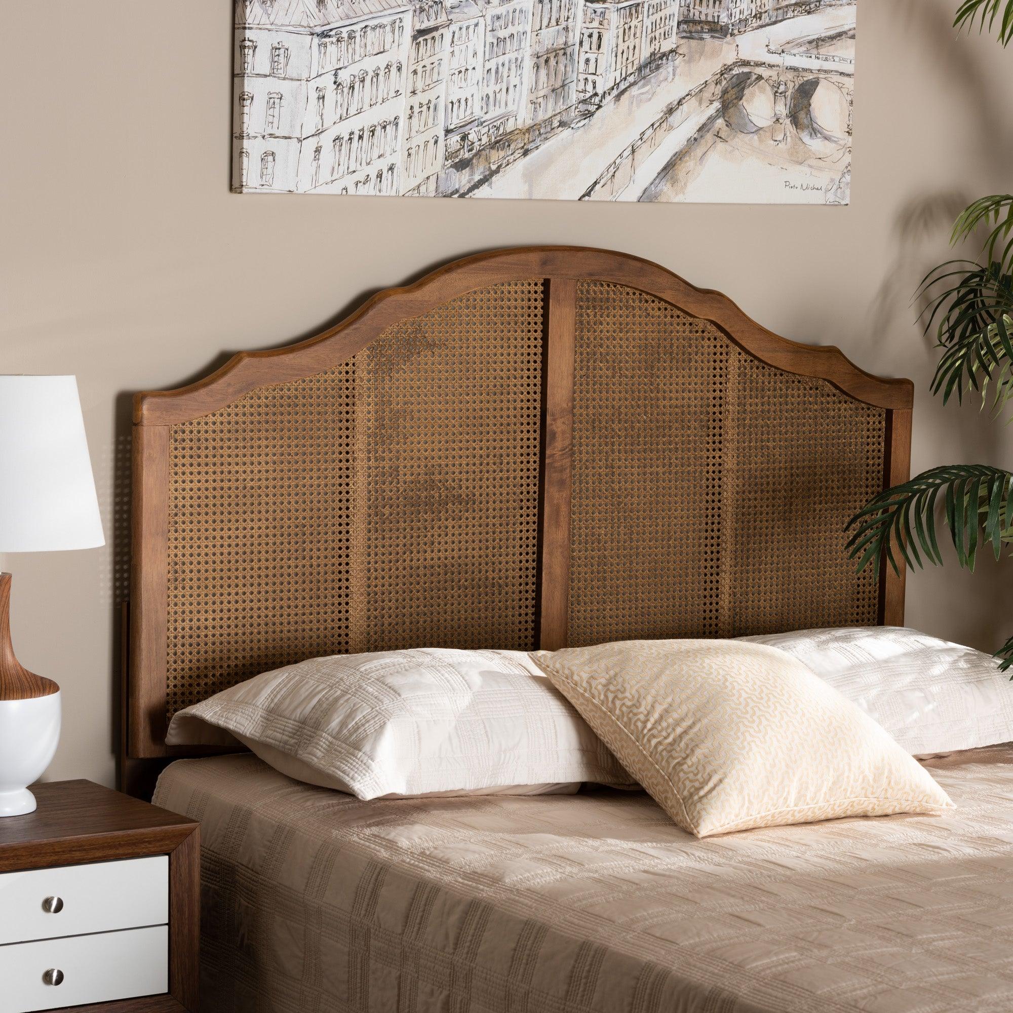 Iris Vintage Classic and Traditional Ash Finished Wood and Synthetic Rattan Arched Headboard