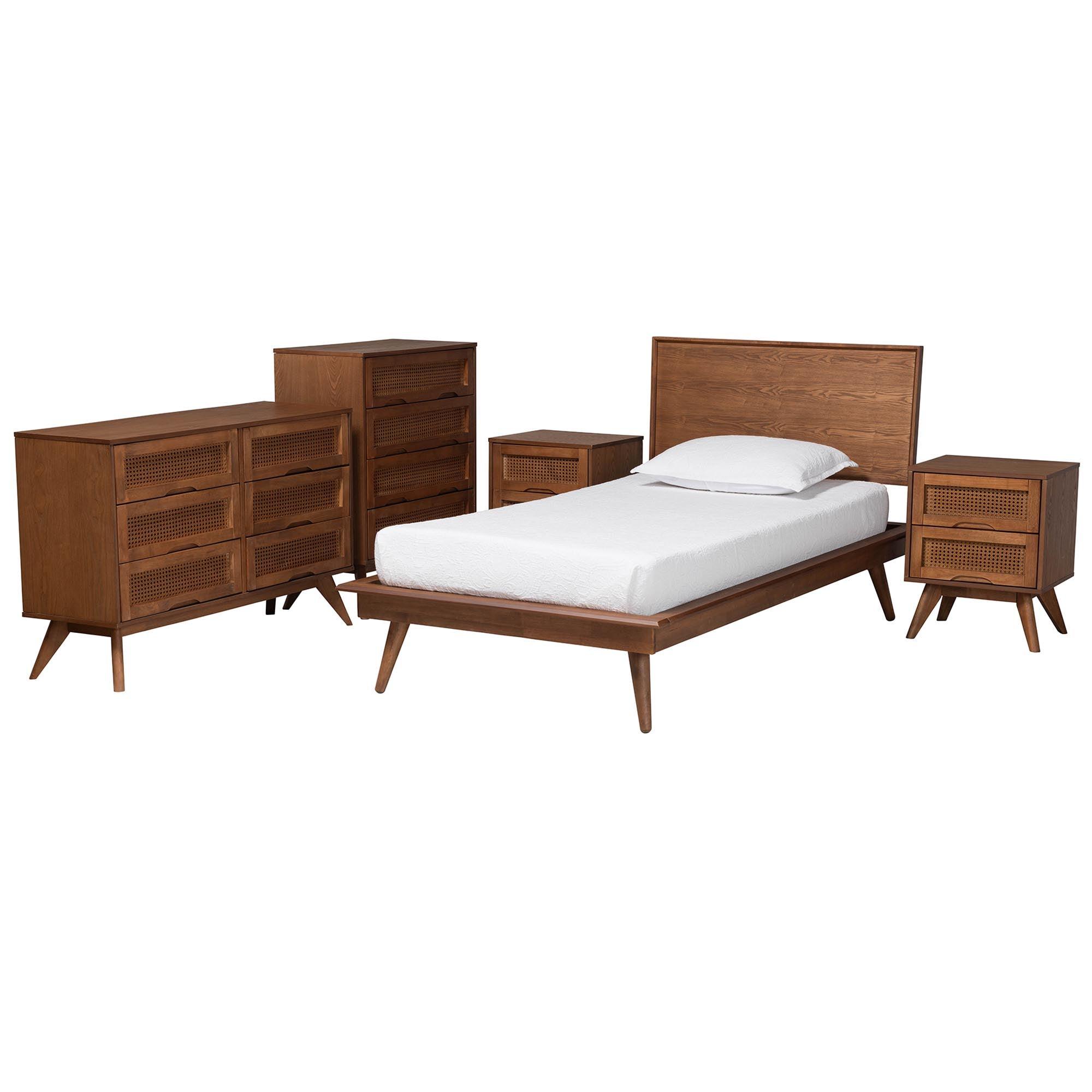 Melora Mid-Century Modern Finished Wood and Rattan 5-Piece Bedroom Set