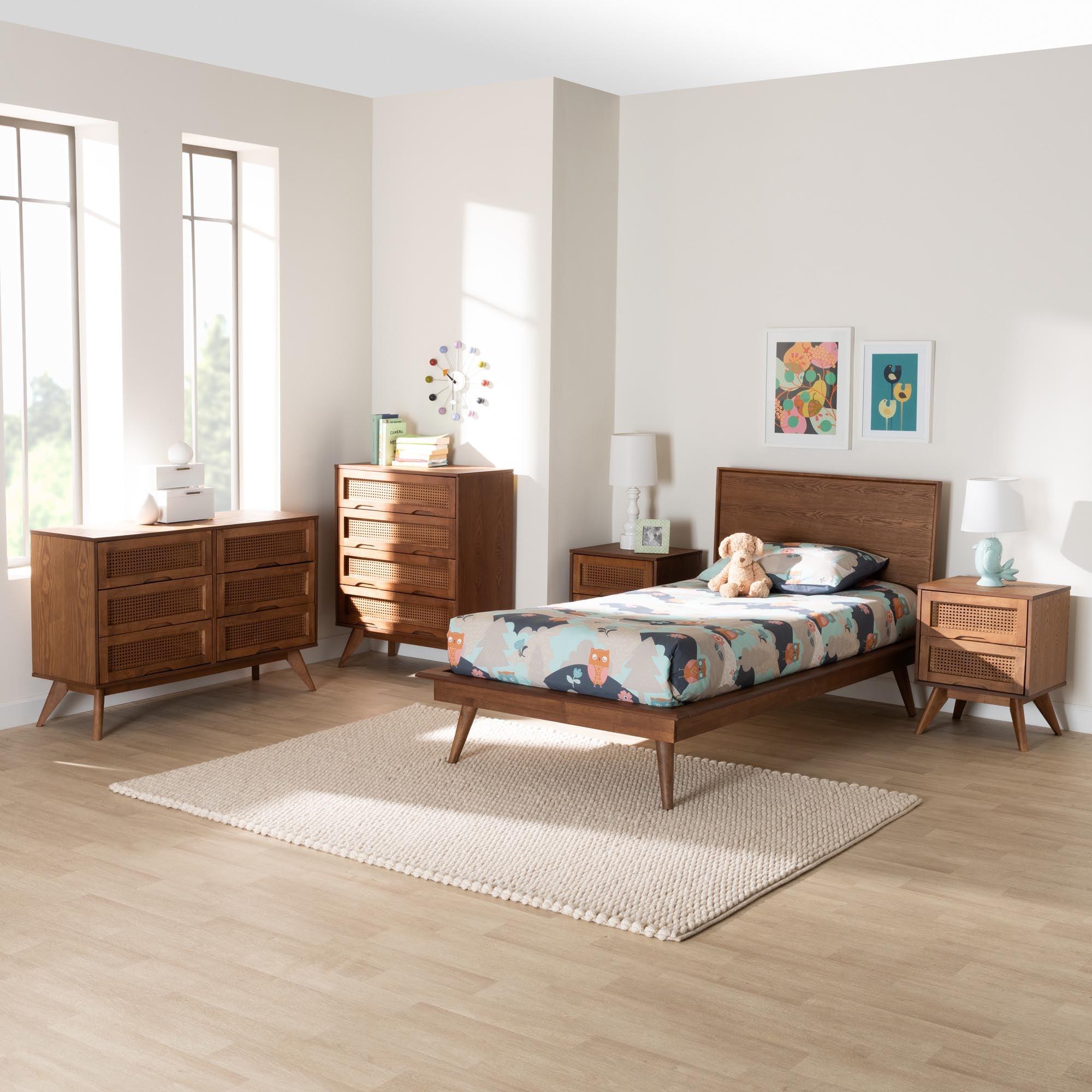 Melora Mid-Century Modern Finished Wood and Rattan 5-Piece Bedroom Set