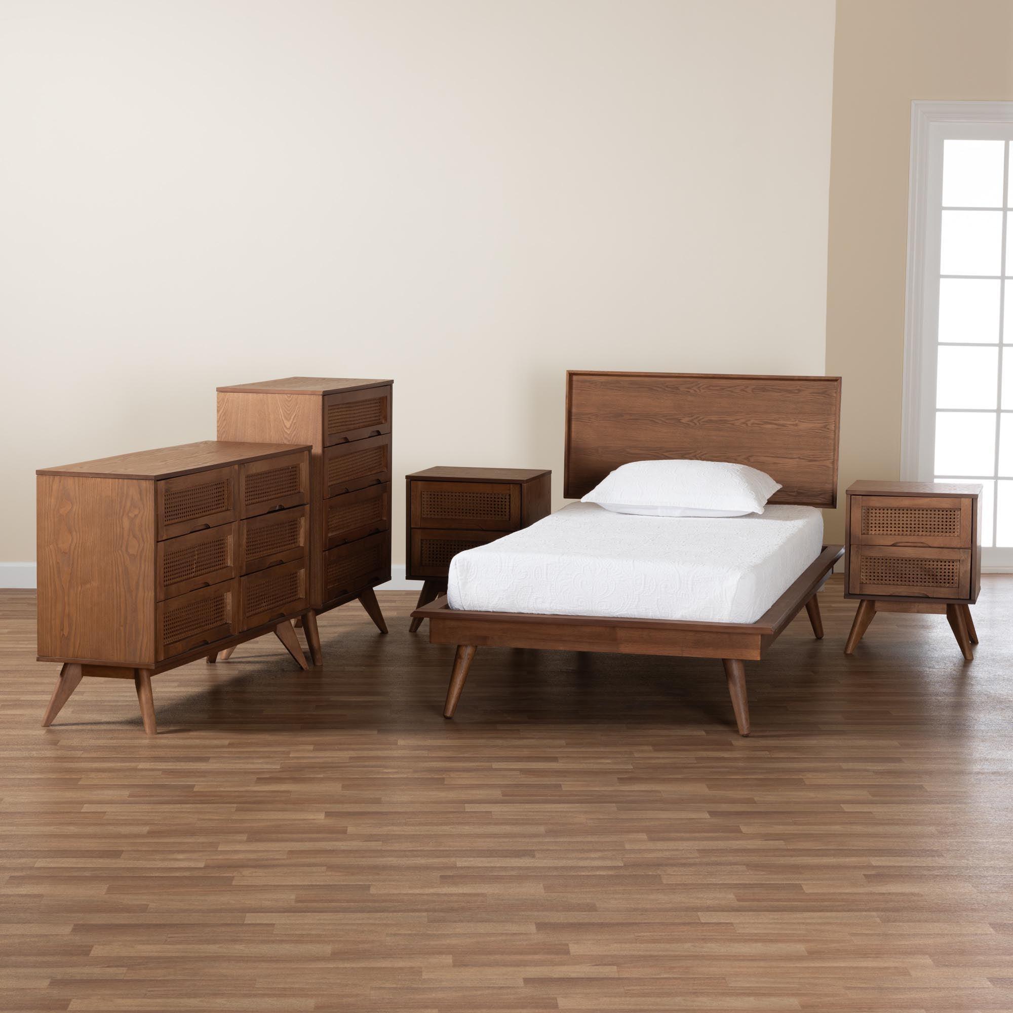 Melora Mid-Century Modern Finished Wood and Rattan 5-Piece Bedroom Set