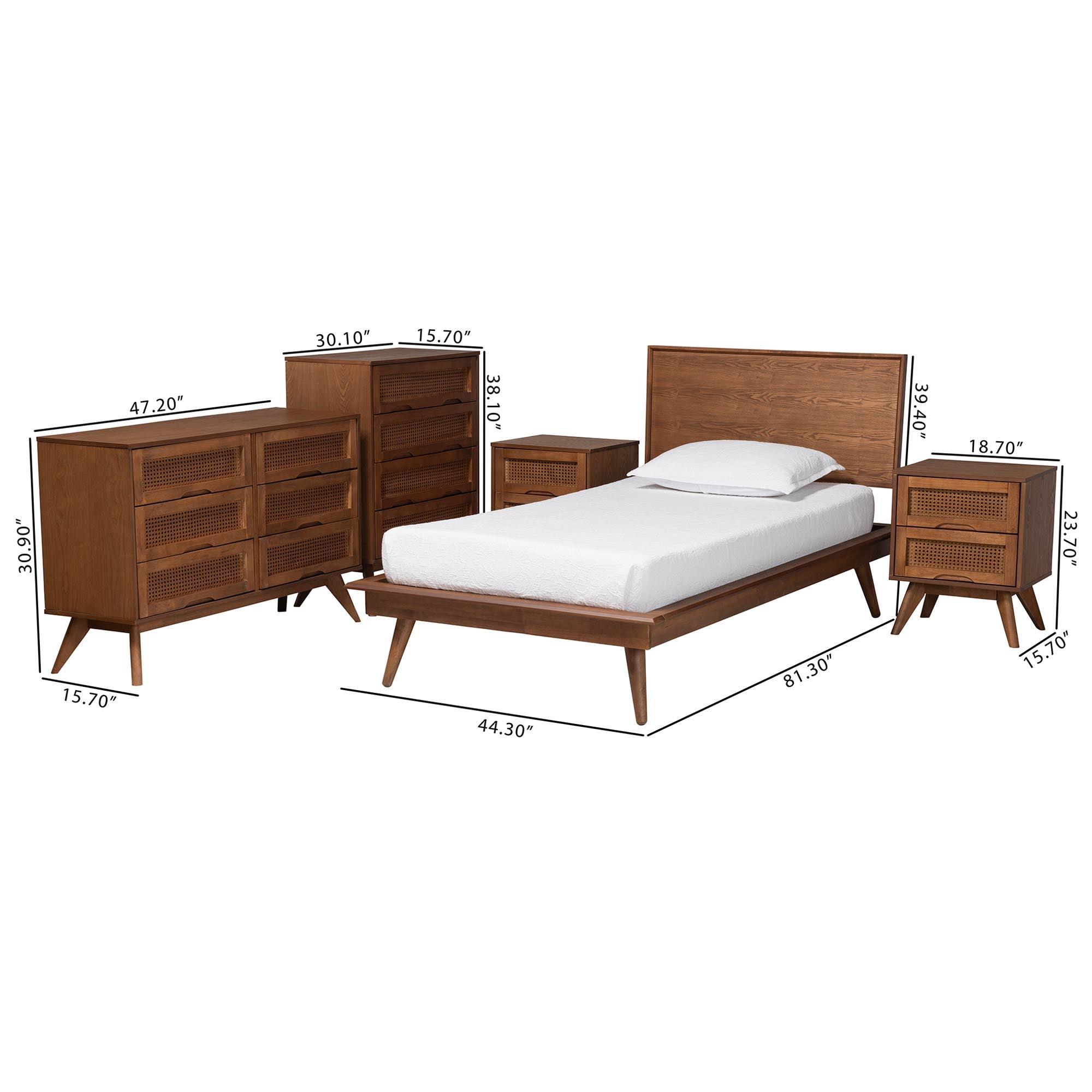 Melora Mid-Century Modern Finished Wood and Rattan 5-Piece Bedroom Set