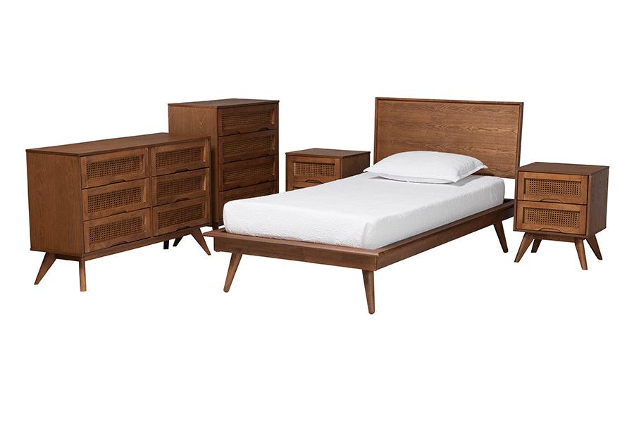 Melora Mid-Century Modern Finished Wood and Rattan 5-Piece Bedroom Set
