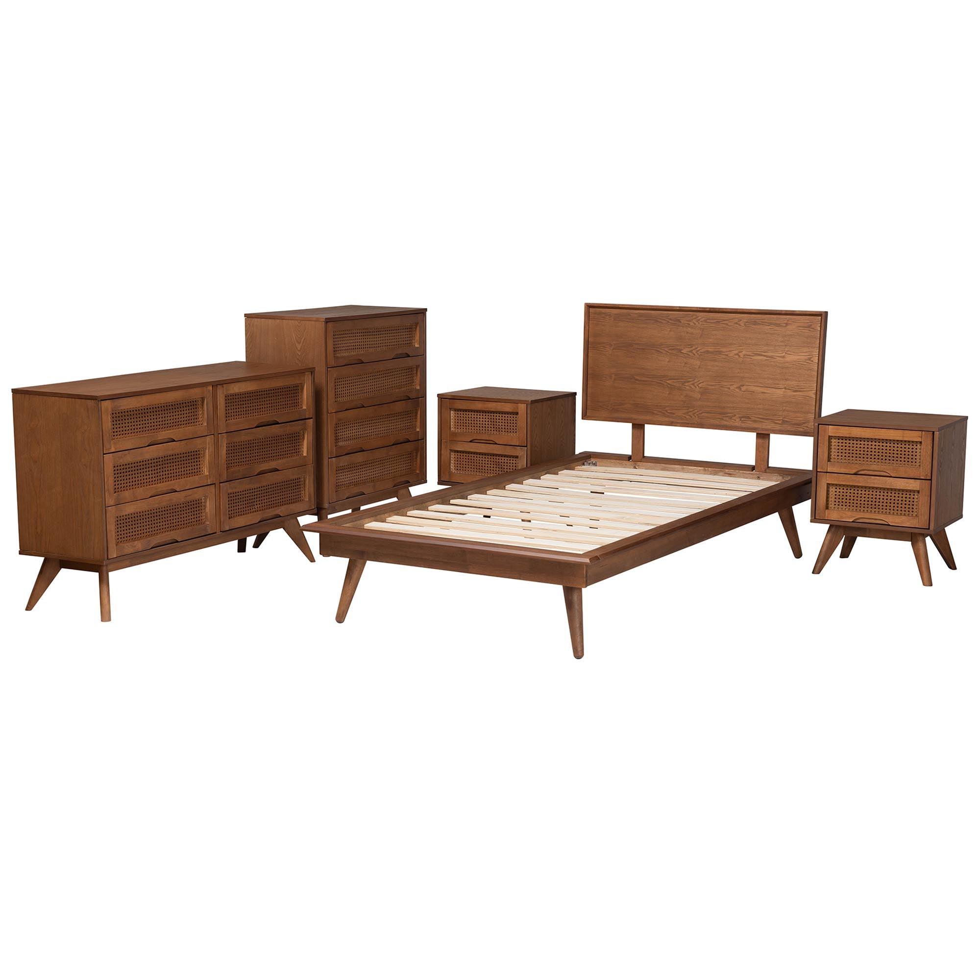 Melora Mid-Century Modern Finished Wood and Rattan 5-Piece Bedroom Set