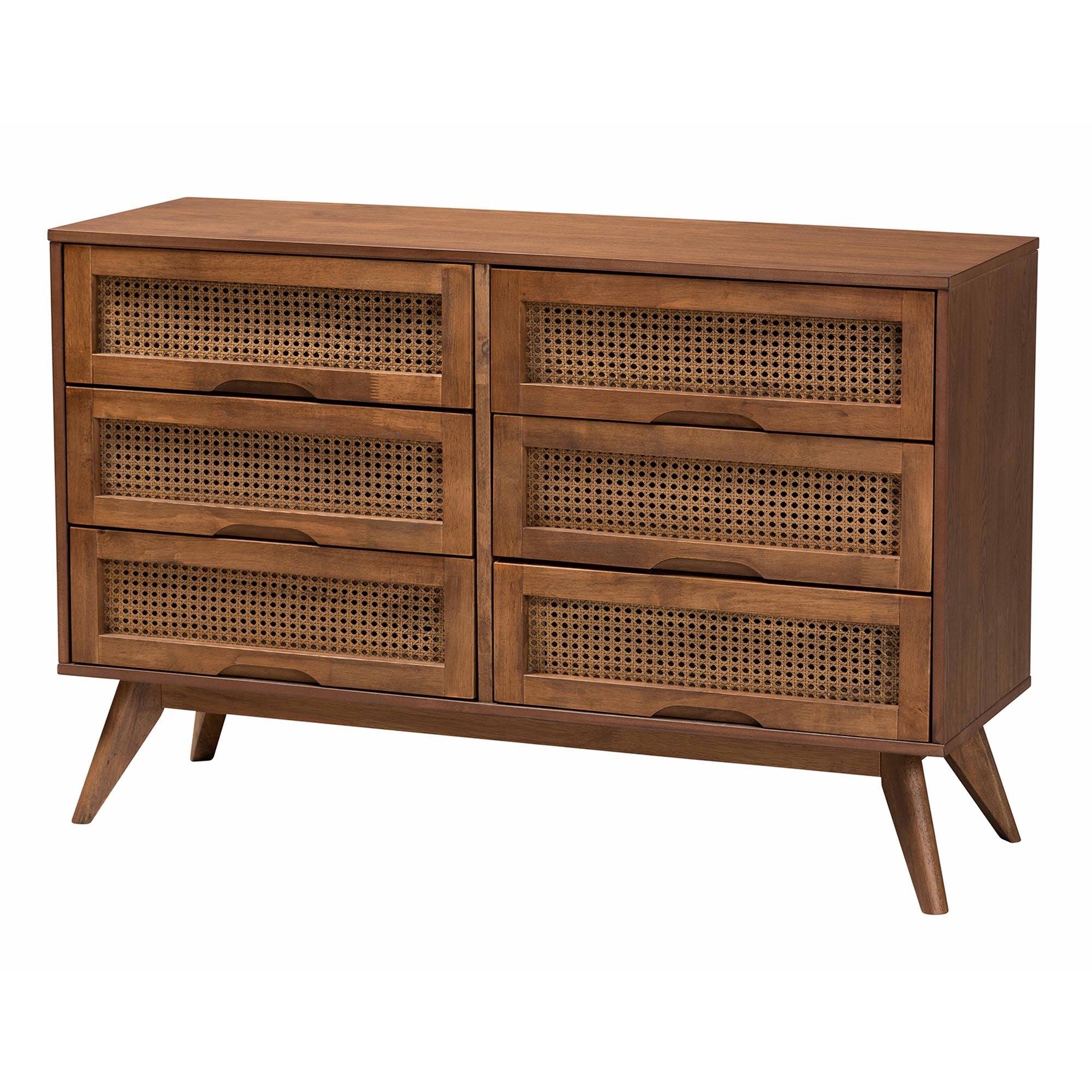 Melora Mid-Century Modern Finished Wood and Rattan 5-Piece Bedroom Set