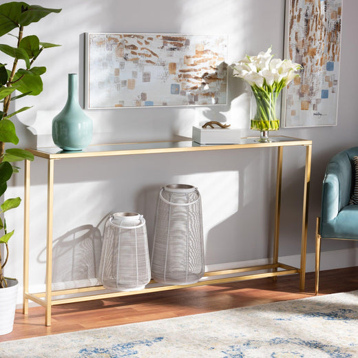 Alessa Modern and Contemporary Glam Finished Metal and Mirrored Glass Console Table