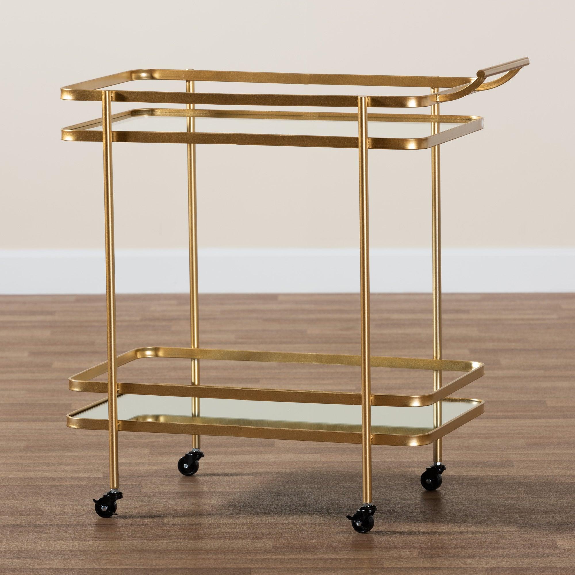 Destin Modern and Contemporary Glam Brushed Finished Metal and Mirrored Glass 2-Tier Mobile Wine Bar Cart