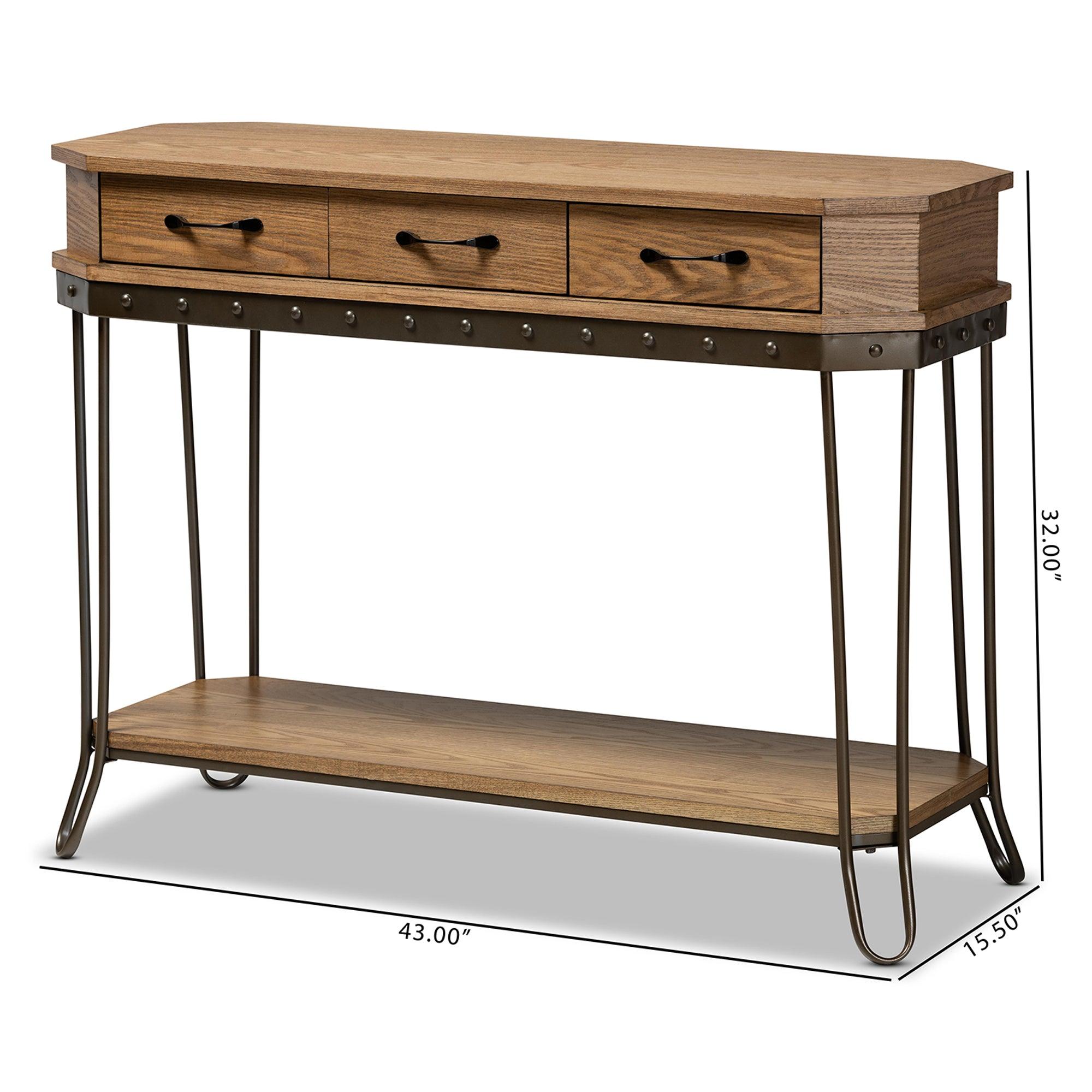 Kellyn Vintage Rustic Industrial Finished Wood and Finished Metal 3-Drawer Console Table
