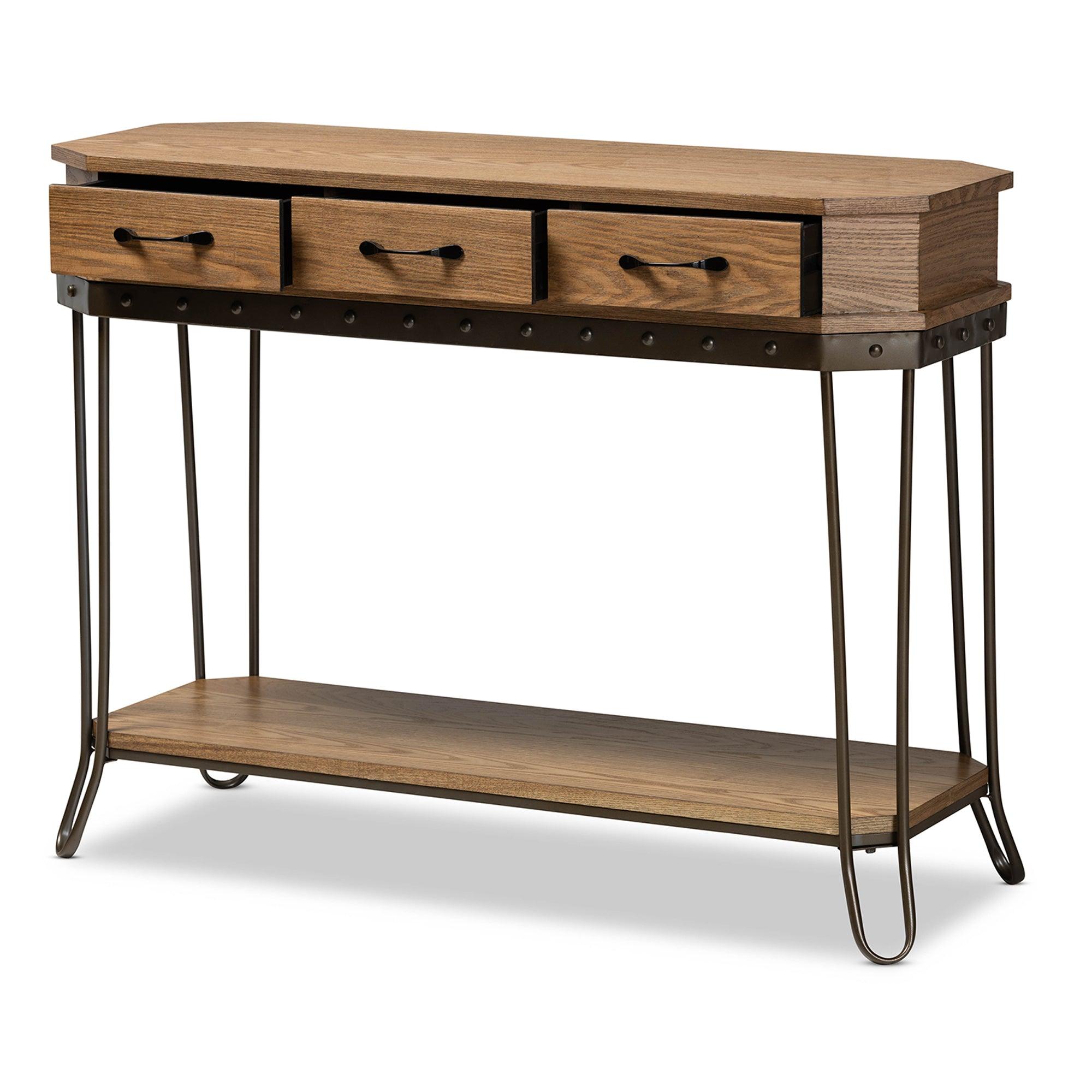 Kellyn Vintage Rustic Industrial Finished Wood and Finished Metal 3-Drawer Console Table