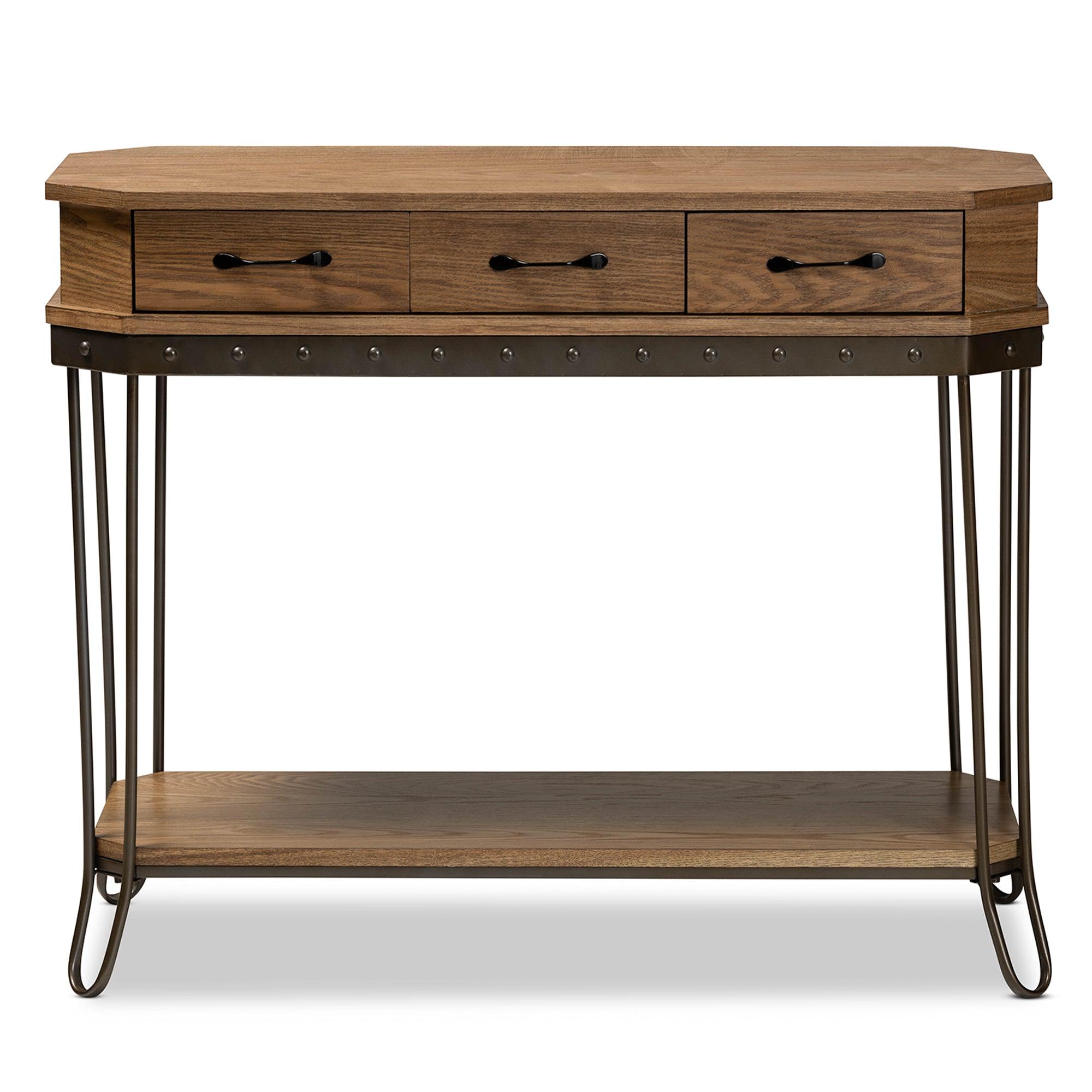 Kellyn Vintage Rustic Industrial Finished Wood and Finished Metal 3-Drawer Console Table