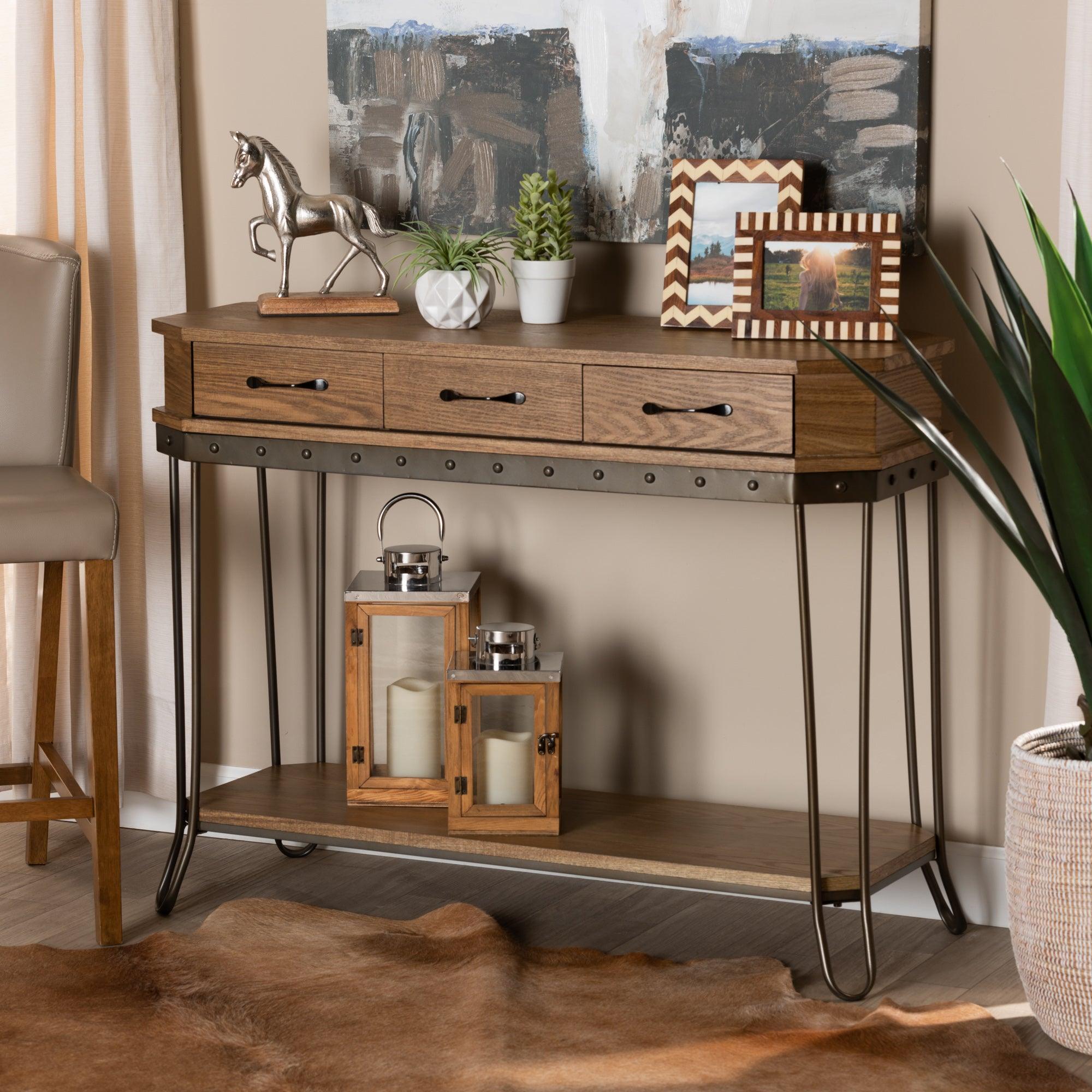 Kellyn Vintage Rustic Industrial Finished Wood and Finished Metal 3-Drawer Console Table