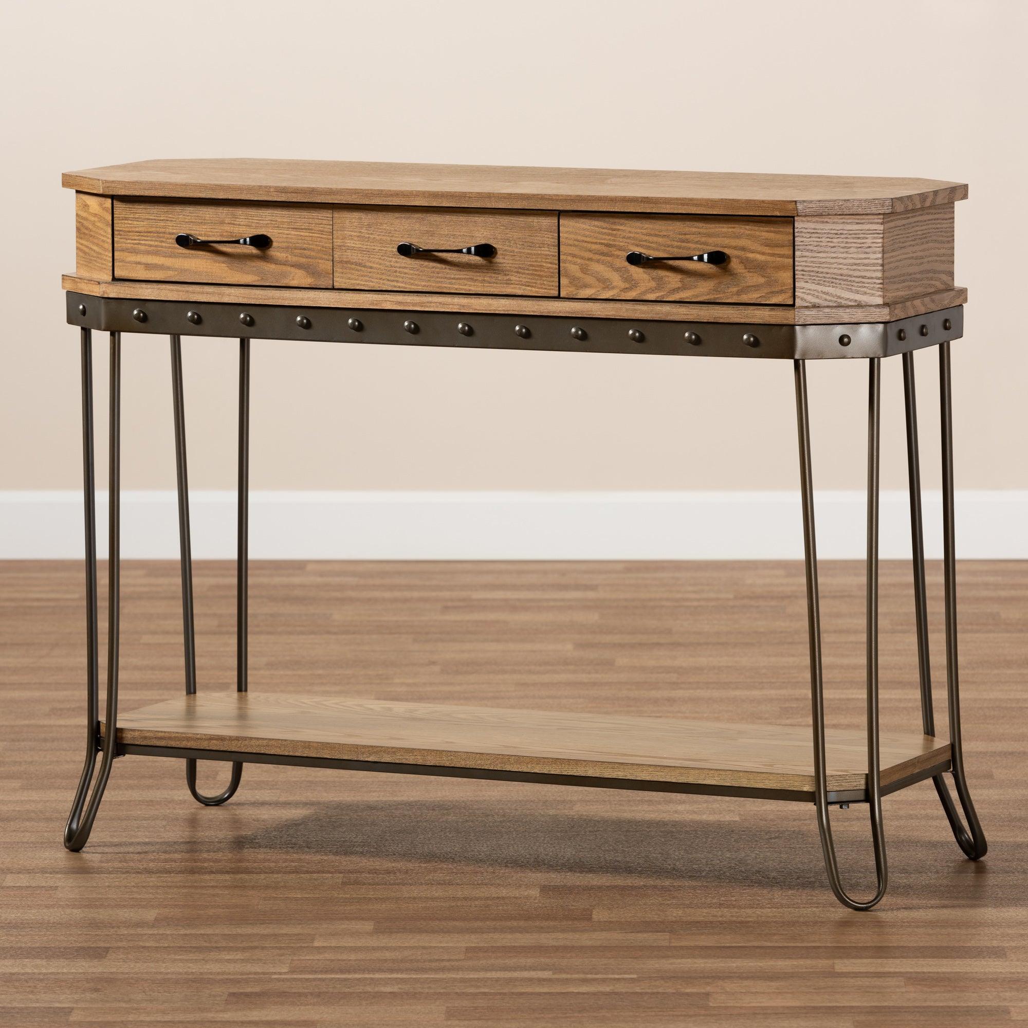 Kellyn Vintage Rustic Industrial Finished Wood and Finished Metal 3-Drawer Console Table